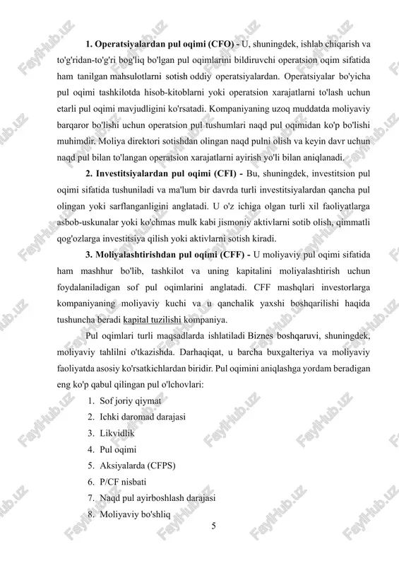 chki daromad darajasi 3. likvidlik 4. pul oqimi 5. aksiyalarda (cfps) 6. p/cf nisbati 7. naqd pul ayirboshlash darajasi 8. moliyaviy bo'shliq 9. dividend to'lovlari 10. kapital xarajatlar va boshqalar. pul oqimlarining turlari: · operatsion pul oqimi: mahsulot yoki xizmatlarni sotish va ish haqi kabi kompaniyaning asosiy faoliyati bilan bog'liq naqd pul tushumlari va to'lovlari. · investitsion pul oqimi: uskunani sotib olish yoki ko'chmas mulkni sotish kabi aktivlarni sotib olish yoki sotish bilan bog'liq naqd pul tushumlari va to'lovlari. · moliyaviy pul oqimi: aktsiyalarni chiqarish, kreditlar olish yoki dividendlar to'lash kabi biznesni moliyalashtirish bilan bog'liq naqd pul tushumlari va to'lovlari. pul oqimining muhimliligi: · likvidlik: korxonaning o'z majburiyatlarini o'z vaqtida to'lash qobiliyatini ta'minlaydi. · moliyaviy rejalashtirish: aniqroq rejalashtirish imkonini beradi byudjetlarva kelajakdagi xarajatlar. · investitsiya: investitsiyalar va biznesni kengaytirish bo'yicha asosli qarorlar qabul qilishga yordam beradi. pul oqimini boshqarish uchun quyidagi vositalar va usullardan foydalaniladi: · naqd pul hisobini yuritish …