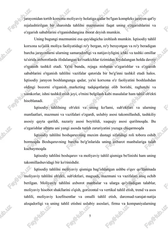 i olib borishi, raghatchi va xamkorlar, ishni tashkil etish joyi, o'rnini belgilash kabi masalalar ham tahlil ob'ekti hisoblanadi. iqtisodiy tahlilning ob'ekti va uning ko'lami, sub'ektlari va ularning manfaatlari, mazmuni va vazifalari o'zgardi, uslubiy asosi takomillashdi, tashkiliy asosiy qayta qurildi, nazariy asosi boyitildi, xuquqiy asosi qurilmoqda. bu o'zgarishlar albatta uni yangi asosda turish zaruriyatini yuzaga chiqarmoqda iqtisodiy tahlilni boshqaruvning muxim dastagi sifatidagi roli tobora oshib bormoqda boshqaruvning barcha bo'g'inlarida uning axbarot manbalariga talab kuchaymoqda iqtisodiy tahlilni boshqaruv va moliyaviy tahlil qismiga bo'linishi ham uning takomillashuvidagi bir ko'rinishdir. iqtisodiy tahlilni moliyaviy qismiga bag'ishlangan ushbu o'quv qo'llanmada moliyaviy tahlilni ob'ekti, sub'ektlari, magsadi, mazmuni va vazifalari aniq ochib berilgan. moliyaviy tahlilni axborot manbalar va ularga qo'yiladigan talablar, moliyaviy hisobot shakllarini o'qish, gorizontal va vertikal tahlil etish, trend va asos tahlili, moliyaviy koefitsentlar va omalli tahlil etish, daromad-xarajat-natija aloqadorligi va uning tahlil etishni uslubiy asoslari, firma va kompaniyalarning bozor va ish faolligini tahlil etish, kreditga …