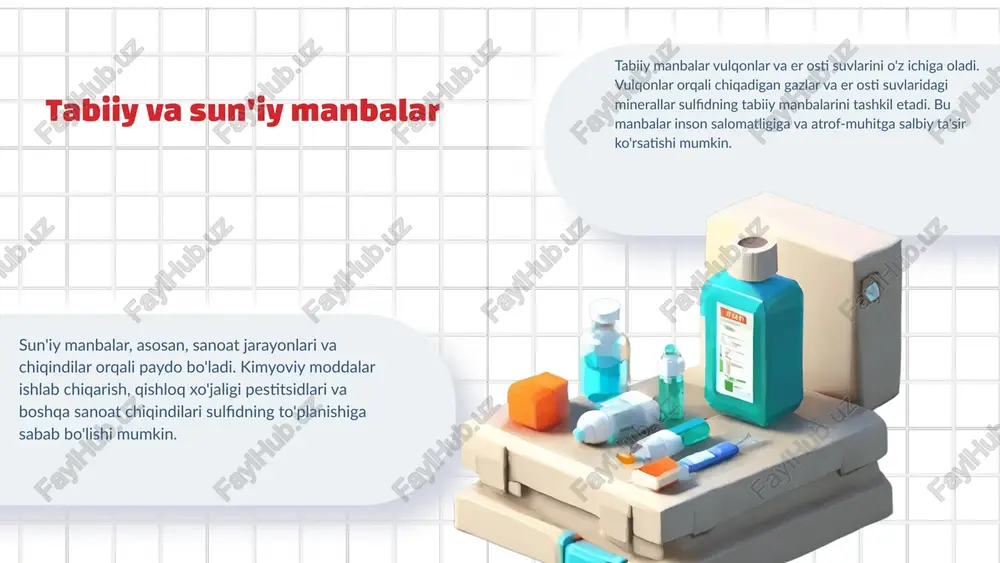 . - ish joylarida xavfsizlik choralarini qo'llash muhimdir. - mavjud atrof-muhit sharoitlari o'zgarganda xavfning ortishi. sulfid zaxarlanishining ijtimoiy ta'siri sulfid zaxarlanishining ijtimoiy va iqtisodiy ta'sirlari, ularning ahamiyati va ijtimoiy ongga ta'siri sulfid zaxarlanishi inson salomatligiga salbiy ta'sir ko'rsatadi. ushbu zaxarlanish ijtimoiy muammolarni keltirib chiqarishi, masalan, sog'liqni saqlash tizimiga yuk kelishi va jamoatchilikda xavotirni oshirishi mumkin. odamlar orasida bu turdagi zaxarlanishning oqibatlari haqida bilimning yetishmasligi ijtimoiy ongni pasaytiradi. venn diagramida sulfid zaxarlanishi bilan bog'liq ijtimoiy muammolar va iqtisodiy ta'sirlar o'rtasidagi bog'lanish ko'rsatiladi. ushbu diagramda xavf-xatarlar va ularning ijtimoiy oqibatlari o'rtasidagi munosabatlar tasvirlangan. - ijtimoiy ta'sirlar: sog'liqni saqlash xarajatlari oshadi, ish joylarining yo'qolishi. - iqtisodiy ta'sirlar: ishlab chiqarish samaradorligi pasayishi, eksport imkoniyatlarining cheklanishi. - o'zgaruvchan sharoitlar: qishloq joylarida iqtisodiy muammolar ko'payishi, odamlar orasida migratsiya jarayonlarining kuchayishi. sulfid zaxarlanishining iqtisodiy ta'siri - sulfid zaxarlanishi natijasida ishlab chiqarish xarajatlari oshadi. - aholi salomatligiga zarar yetkazilishi natijasida sog'liqni saqlash xarajatlari ko'payadi. - iqtisodiy faoliyatda to'xtashlar …