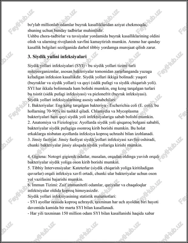 jinsiy aloqada siydik yollariga kirishi mumkin. 4. gigiena: notogri gigienik odatlar, masalan, orqadan oldinga yuvish orqali bakteriyalar siydik yoliga oson kirib borishi mumkin. 5. tibbiy intervensiyalar: kateterlar (siydik chiqarish yoliga kiritiladigan quvurlar) orqali infeksiya xavfi ortadi, chunki ular bakteriyalar uchun oson yol vazifasini bajarishi mumkin. 6. immun tizimi: zaif immunitetli odamlar, qariyalar va chaqaloqlar infektsiyalar oldida koproq himoyasizdir. siydik yollari infeksiyasining statistik malumotlari: - syi ayollar orasida koproq uchraydi, taxminan har uch ayoldan biri hayoti davomida kamida bir marta syi bilan kasallanadi. - har yili taxminan 150 million odam syi bilan kasallanishi haqida xabar beriladi. - 1000 ayol yilda 50-60 holat syi bilan uchraydi. - erkaklarda syi kamroq uchraydi, lekin yosh bolalar va qariyalarda bolish ehtimoli koproq. - buyrak infeksiyalari (pielonefrit) har 1000 kishidan taxminan 3-4 holatda uchraydi. - siydik yollari infeksiyalari bolalarda ham malum darajada keng tarqalgan. bolalik davrida syi ogil bolalarda 2-3%, va qiz bolalarda 8% hollarda uchrab …