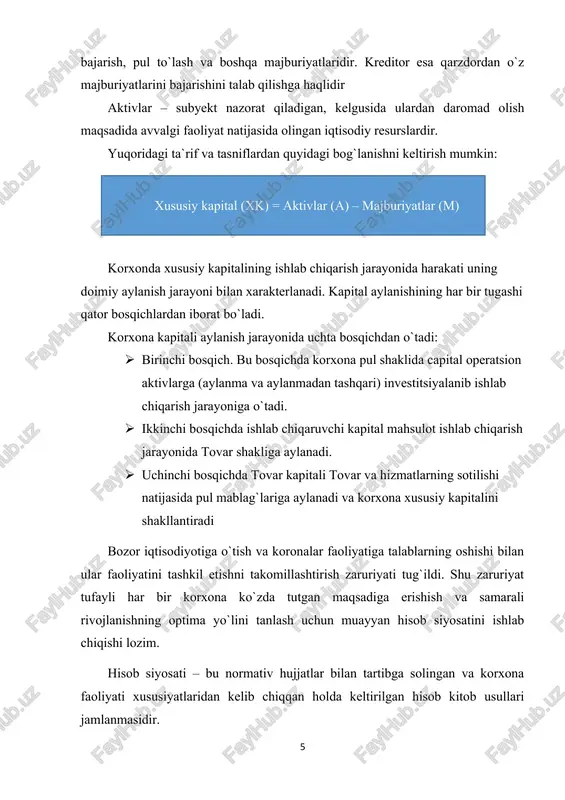 nadi. xususiy kapital korxona balansining passivlar qismida keltiriladi. bunday turkumlash ho`jalik faoliyatini tahlil qilish jarayonida moliyaviy hisobotlardan foydalanuvchilar uchun zarurdir. korxona balansining passivlari tizimidagi kapital salmog`ining yuqoriligi korxona moliyaviy barqarorligidan dalolat beradi.`lmasligi lozim. korxonaning e`lon qilingan ustav kapitali ko`payishi barcha chiqarilgan aksiyalar joylashtirilgach va to`langach yuz beradi. aksiya – bu egasiga aksiyadorlik jamiyati ustav kapitalidagi hissadorlik xuquqini, shuningdek, ushbu xuquqdan kelib chiquvchi boshqa xuquqlarni beruvchi qimmatbaho qog`oz. imtiyozli aksiyalar – bu egasiga oddiy aksiyaga nisbatan farqli o`laroq oldindan belgilangan miqdorda dividend olish yoki jamiyatning likvidatsiyasidan so`ng qolgan mulkka hissadorlik xuquqini beruvchi qimmatli qog`oz. imtiyozli aksiyalar nominal qiymatlari yig`indisi jamiyat ustav kapitalining 25% idan oshmasligi lozim. qonunga muvofiq aksiyalar aksiyadorlarga quidagi xuquqlarni beradi: · dividend olish xuquqi; · jamiyat boshqaruvida ishtirok etish xuquqi; · jamiyat likvidatsiyasidan so`ng qolgan mulkka egalik qilish xuquqi; buxgalteriya hisobida xususiy kapilat hisobi maxsus schyotlarda olib boriladi. 21-bhmsga muvofiq xususiy kapitalning sintetik hisobi quyidagi schetlarda yuritiladi: xususiy …
