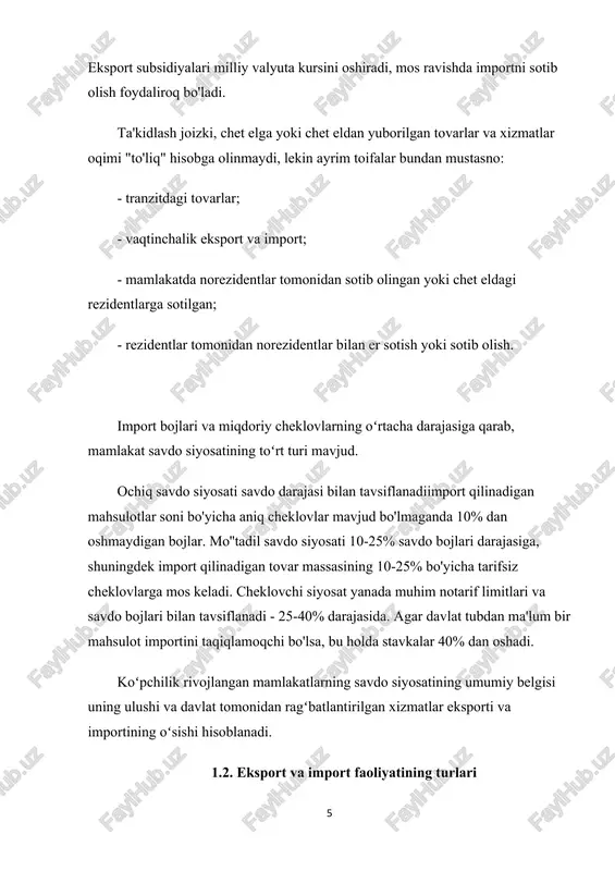 hi va davlat tomonidan ragʻbatlantirilgan xizmatlar eksporti va importining oʻsishi hisoblanadi. 1.2. eksport va import faoliyatining turlari eksport va import faoliyatining turlari: eksport va import to‘g‘ridan-to‘g‘ri (bevosita) va bilvosita shakllarda amalga oshirilishi mumkin. bilvosita savdo vositachilar orqali amalga oshiriladi. milliy iqtisodiyotning jahon xo‘jaligiga munosib tarzda kirishiga yo‘naltirilgan strategiya real vaziyatdan kelib chiqib, respublika iqtisodiy salohiyatini obyektiv baholash negizida ko‘riladi, u navqiron davlatni siyosiy-iqtisodiy rivojlantirishning asosiy maqsadlarini xal etishga yo‘naltirilgan. necha o‘n yillar mobaynida shakllangan ma’muriy-rejali tizim tanazzulga uchragan vaziyatda «ochiq eshiklar» siyosati, xo‘jalikni, shu jumladan tashqi iqtisodiy aloqalarni bozorga moslab jadal erkinlashtirish ijtimoiyiqtisodiy nobarqarorlikni keskinlashtirishga, iqtisodiy inkirozni chuqurlashtirishga olib kelishi rnurnkin edi. eksportning birgina tovarga ixtisoslashgani, oziq-ovqat va sanoat tovarlari importiga chuqur bog‘liqlik respublika iqtisodiyotini nochor holga tushirib qo‘ydi, real iqtisodiy va siyosiy suverenitetni ta’minlash, tovar va xizmatlar, ishchi kuchi va sarmoya bozorlarini jadal sur’atlarda shakllantirish imkonini bermadi. bularning hammasi hukumatning “shok” usullaridan voz kechishga va 0 ‘zbekistonning real sharoitlariga …