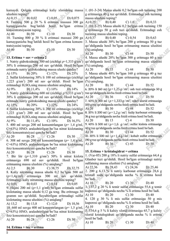 miqdori 0,6 mol bo'lgan na2co3*10h2o kristallogidratni 40,4 ml suvda eritilganda hosil bo'lgan eritmadagi natriy karbonatning massa ulushini hisoblab toping. a) 50 v) 20 c) 30 d) 40 8. miqdori 0,5 mol bo'lgan feso4*7h2o kristallogidratni 13 ml suvda eritilganda hosil bo'lgan eritmadagi temir sulfatining massa ulushini hisoblab toping. a) 30 v) 10 c) 20 d) 50 9. miqdori 0,5 mol bo'lgan mgso4*7h2o kristal-logidratni 117 ml suvda eritilganda hosil bo'lgan eritma-dagi temir sulfatining massa ulushini hisoblab toping. a) 25 v) 10 c) 20 d) 50 7. suv + kristalogidrat = eritma (noma’lum konsentratsiyali)-3 1. 143 g natriy karbonat kristalogidrati 7 mol suvda eritilganda hosil bo’lgan eritmaning konsentratsiyasini toping. a) 29 b) 19,7 c) 40 d) 9,73 2. 125 g mis sulfat kristalogidrati 21 mol suvda eritlganda hosil bo’ladigan eritmaning konsentratsiyasini toping. a) 16 b) 26 c) 6 d) 36 3. 10 mol suv va 161 g natriy sulfat kristalogidrati aralashtirilganda hosil bo’ladigan …