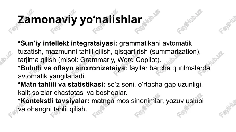 ment foundation tomonidan ishlab chiqilgan. u microsoft word dasturiga o‘xshash tarzda matn yaratish, tahrirlash, formatlash va bosmadan chiqarish imkonini beradi. libreoffice writer — libreoffice to‘plamining asosiy moduli, ya’ni u calc (jadval), impress (taqdimot), base (ma’lumotlar bazasi) va boshqa komponentlar bilan birgalikda ishlaydi. dastur butunlay bepul va windows, linux hamda macos tizimlarida ishlaydi. asosiy funksiyalari funksiya nomi tavsif matn kiritish va tahrirlash oddiy va professional hujjatlar yaratish imkonini beradi. formatlash shrift, rang, satr oralig‘i, chetlar, uslublar va sarlavhalarni sozlash. jadvallar bilan ishlash jadval yaratish, hisob-kitob formulalarini kiritish. grafika va rasm qo‘shish diagramma, rasm, smartart va shakllarni joylashtirish. avtomatik imlo tekshiruvi xatolarni aniqlab, to‘g‘rilashni taklif etadi. havolalar, manbalar, bibliografiya ilmiy maqola va dissertatsiyalar uchun qulay. shablonlar cv, ariza, hisobot va rasmiy hujjatlar uchun tayyor andozalar. eksport qilish pdf, docx, html, epub formatlariga eksport imkoniyati. libreoffice writer interfeysi menu paneli — (file, edit, view, insert, tools, format, table, help) asboblar paneli (toolbar) — …