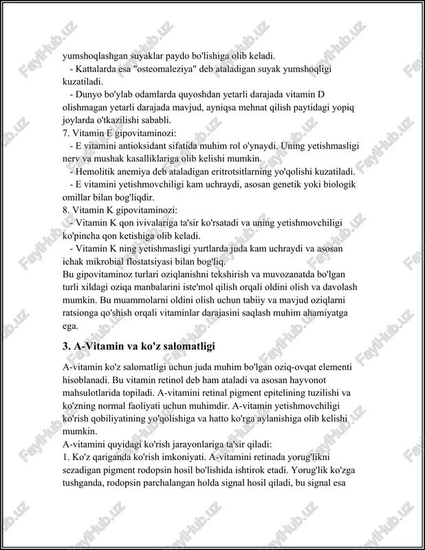 aminingi yuqori darajada topiladi. - sariq tuxum. tuxum sarig'ida ham a-vitamin mavjud. - sut va sut mahsulotlari. yog'li sut, yog', smetana kabi mahsulotlarda a-vitamini mavjud. - a-vitamin provitamini. boshqa yaxshi manbalar sifatida beta-karoten manbalarini keltirish mumkin, ular orasida sabzi, shirin kartoshka, qovoq va yashil bargli sabzavotlar bor. a-vitamin yetishmovchiligi ko'zlar bilan bog'liq turli muammolarga olib kelishi mumkin. jahon sog'liqni saqlash tashkiloti ma'lumotlariga ko'ra, rivojlanayotgan mamlakatlarda sezilarli miqdorda bolalar a-vitamin yetishmovchiligi tufayli ko'rish bilan bog'liq muammolarga duch kelmoqda. taxminan 250 000 dan 500 000 gacha bolalar har yili a-vitamin yetishmovchiligi sababli ko'rlikka uchraydi, ularning aksariyati esa ichida olim bilan tugaydi. shunday qilib, a-vitamini yetishmovchiligi xavfini kamaytirish uchun quyidagi miqdorda kunlik iste'mol qadrati tavsiya etiladi: - 0-6 oylik godaklar: taxminan 400 mikrogramm (mkg) retinol faol ekvivalent (rae) darajasida. - 7-12 oylik godaklar: 500 mkg rae. - 1-3 yosh bolalar: 300 mkg rae. - 4-8 yosh bolalar: 400 mkg rae. - 9-13 yosh …
