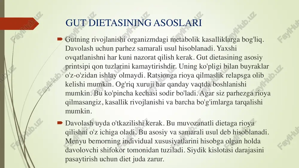 e, pancake, kompot bilan kartoshka pyuresi; • pishirilgan qovoq, mevali salat, sutli choy; • fermentlangan pishirilgan sut. hafta uchun menyu juma • jo'xori pyuresi, sabzavotli salat, olcha sharbati; • tarvuz, limon, qulupnay va armut smuzi, tiniq non; • kartoshka pyuresi, quyon go'shti, karam salatasi, choy; • qaynatilgan tuxum, arpa oshi, jele; • tvorog bilan pishirilgan olma, gulhamishabahor choyi. shanba • bug'doy yormasi, hindibo ichimligi; • kefir bilan gingerbread; • grechka, patlıcan ikra, choy bilan qaynatilgan tovuq; • parhezli palov, bodring salatasi, non, jele; • varenets. yakshanba • tvorogli kastryulka, tvorogli pancake, choy; • bedana tuxumi bilan omlet (4 dona); • pishloq pyuresi sho'rvasi, sarimsoqdan tushdi, gulhamishabahor choyi; • dimlangan sabzavotli guruch, lavlagi salatasi; • yogurt.  bu podagra bilan og'rigan insonlar uchun taqiqlangan ovqatlarsiz qo'pol menyu. balansli va to'liq ovqatlanish uni uzoq vaqt ishlatishga imkon beradi. kattaroq ta'sirga erishish uchun ro'za kunlarini o'tkazish kerak. gut uchun parhez: ovqatlanish bo'yicha mutaxassislarning …