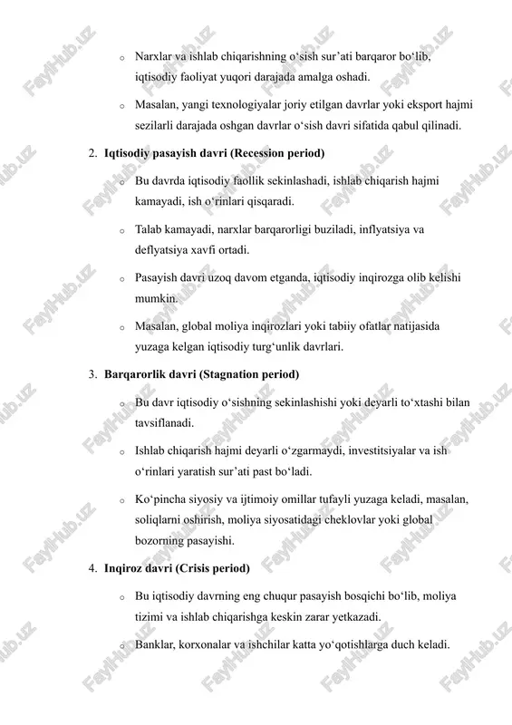 ichi iqtisodiy tizimning tabiiy muvozanatga qaytish jarayoni sifatida qaraladi. 4. qayta tiklanish (recovery yoki expansion bosqichi) pasayish bosqichidan so‘ng iqtisodiyot asta-sekin tiklanadi. ishlab chiqarish va investitsiya faolligi oshadi, ish o‘rinlari yaratiladi, aholining daromadlari tiklanadi. bu bosqich iqtisodiy siklning yangi o‘sish davriga tayyorgarlik bosqichi hisoblanadi. qayta tiklanish davrida iqtisodiy muvozanat tiklanadi va bozor sub’ektlari optimizmni qayta tiklaydi. siklik tabiatning sabablari iqtisodiy davrlarning siklik tabiati bir nechta asosiy omillar bilan izohlanadi: 1. ichki iqtisodiy mexanizmlar: · talab va taklifning o‘zgarishi; · investitsiya faoliyati va korxona qarorlarining ketma-ketligi; · ishlab chiqarish resurslarining cheklanganligi va mehnat bozori sharoiti. 2. moliyaviy va kredit omillar: · banklarning kreditlash siyosati; · foiz stavkalari va pul massasidagi o‘zgarishlar; · likvidlikning oshishi yoki kamayishi iqtisodiy siklga bevosita ta’sir qiladi. 3. tashqi omillar: · global iqtisodiy holat; · savdo aloqalari va eksport-importning o‘zgarishi; · xorijiy investitsiyalar va valyuta kursidagi tebranishlar. 4. siyosiy va ijtimoiy omillar: · hukumatning moliya va soliq …