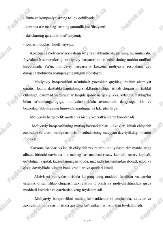 xarakterlaydi. moliyaviy barqarorlik nisbiy ifodalari aktivlarni (uzoq muddatli) va zaxiralarni moliyalashtirishning, moliyaviy mustahkamlik va qaramlikning, o‘z va qarz mablag‘larini jalb etilishida ijobiy natijaning saqlanishini xarakterlaydi. korxona moliyaviy barqarorligini ta’minlashning eng muhim omili bu uning faoliyat natijaviyligidagi ijobiy natijaviylikning iqtisodni oltin qoidasiga asoslangan tartibining saqlanishidir. bu tartibning umumiy ifodasini quyidagi bog‘lanishlarda berib o‘tish mumkin: sf1/ sf0 >st1/ st0> xk1/xk0> a1/a0>1 yoki sf1/ sf0*100 >st1/ st0*100> xk1/xk0*100> a1/a0*100>100 bu yerda: sf1/ sf0 - sof foydaning o‘sishi; st1/ st0 - sotishdan tushumning o‘sishi; xk1/xk0 - xususiy kapitalning o‘sishi; a1/a0 - aktivlarning o‘sishi. samaradorlik, natijaviylik va daromadlikning barcha ko‘rsatkichlari ham moliyaviy barqarorlikni doimo ham ta’minlay olmaydi‚ agar ular orasidagi yuqoridagi nisbatlar saqlanmasa. shu sababli, moliyaviy barqarorlikni mutlaq ifodalarini o‘rganishda bazan korxonaning foyda bilan chiqish hollarida ham nobarqarorlik holatlari kuzatiladi. bu bevosita birinchidan foydaning sifatliligi va uning o‘tgan yillarga nisbatan o‘sishi bilan izohlanadi. yoki, aktivlar va zaxiralarni ortiqcha ushlab turishlar tufayli yuzaga keladi. korxonaning erkin …