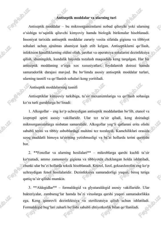 iya qilishda foydalaniladi. galoidlar keng spektrli, tez ta’sirli va nisbatan arzon vositalardan sanaladi. 5. **oksidlovchi birikmalar** – vodorod peroksid, kaliy permanganat, ozon kabi moddalardir. bu guruhdagi vositalar infeksiyaga qarshi tez ta’sir qiladi, hujayra devorini yorib, mikroorganizmlarni yo‘q qiladi. vodorod peroksid asosan jarohatlarni yuvish hamda yuzalarni dezinfeksiya qilishda, kaliy permanganat esa maxsus yuvindilar uchun ishlatiladi. 6. **kislotalar va ishqorlar** – ba’zi antiseptik sifatida ishlatiladigan moddalar ichiga kiradi. masalan, bor kislotasi, sirka kislotasi va natriy gidroksid ba’zi hollarda dezinfeksiya maqsadida ishlatiladi. ularning ta’siri nisbatan cheklangan va doimiy ishlatish uchun mos emas. 7. **metallar tuzlari** – asosan kumush, simob, rux tuzlari antiseptik sifatida tanilgan. kumush nitrat ko‘z infektsiyalarining oldini olishda, simob dioksidi va boshqa tuzlar esa ba’zan yuza dezinfeksiyasida ishlatilgan. hozirda ularning qo‘llanilishi cheklangan, chunki toksikligi yuqori. 8. **detergentlar va sirt faol moddalar** – sirt faol moddalar (detergentlar, xususan, kvars (kationli ammoniy birikmalari)) mikroblarga qarshi ta’siri bilan bir qatorda, tozalovchi xususiyatga ham ega. …
