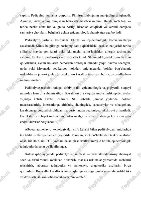 unalar yordamida sochlarni tekshirish, laborator tadqiqotlar va zamonaviy diagnostika usullarini birga qo‘llashdir. bu usullar kasallikni erta aniqlashga va unga qarshi samarali profilaktika va davolash ishlarini olib borishga zamin yaratadi. pedikulyozni tekshirish tartibi va gigiyenik nazorat pedikulyoz — bu bosh, tana yoki sochlarda vaza (bitlar) yashashi natijasida yuzaga keladigan yuqumli kasallik bo‘lib, uni bemor yoki zararlangan insonlar bilan to‘g‘ridan-to‘g‘ri yoki bilvosita aloqa natijasida yuqtirish mumkin. shu sabab, pedikulyozni erta aniqlash va tekshirish tartibining to‘g‘ri yo‘lga qo‘yilishi muhim sanitariya-gigiyena tadbiri hisoblanadi. tekshiruvlarni o‘tkazishda belgilangan qoidalarga amal qilinishi, infeksiya xavfini kamaytiradi hemda kasallik tarqalishini oldini oladi. pedikulyozni aniqlash va tekshirish tartibi birinchi navbatda maxsus yo‘riqnoma yoki sanitariya talablariga asosan ishlab chiqiladi. bunday tekshiruvlar sovet tibbiyotida ham, zamonaviy tibbiyot amaliyotida ham qat’iy tartib va bosqichma-bosqich amalga oshiriladi. eng asosiysi, vinchikular pedagogik muassasalar, bolalar bog‘chalari, maktablar, internatlar, shifoxonalar, sanatoriy va boshqa ko‘plab jamoa joylarida tizimli ravishda tekshiruv va profilaktika tadbirlari o‘tkaziladi. tekshiruv tartibining bosqichlari quyidagilardan …