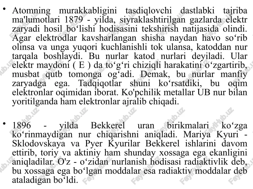 iladi. kompton effekti (yorug’likning qutblanishi) yorug’likning korpuskulyar xoassalari kompton effektida yorqin namoyon bo’ladi. fotonlar erkin elektronlar bilan to’qnashganda fotonlarning chastotasi o’zgargan holda sochilishi kuzatiladi. fotonlar bilan to’qnashgan elektronlar esa impuls va energiya oladi va natijada ular ma’lum yo’nalishda harakatlanadi. bu holda energiya va impuls saqlanadi. fotonlar elektronlar bilan to’qnashib o’zidan bir qism energiyani uzatadi. natijada to’lqin uzunligi ortib, nurlanishning tarqalish yo’nalishi o’zgaradi, ya’ni sochilish sodir bo’ladi. bu effektni 1923 yilda amerikalik fizik kompton kashf etgan. u turli moddalarni rentgen nurlari bilan nurlantirish natijasida sochilgan nurning to’lqin uzunligi birinchi holatdagidan katta bo’lganligini aniqlagan. kompton effektini sxemasi. a) foton va elektronning harakat sxemasi. b) elektron bergan va tarqatgan foton impulslarining vektor yig’indisi to’lqin uzunligining bunday o’zgarishi moddalarning tabiatiga va birinchi holatdagi to’lqin uzunligiga bog’liq bo’lmasdan, balki boshlang’ich nurlanish burchagi bilan sochilgan nurlanish yo’nalishi orasidagi burchakka bog’liqligini aniqlangan. ∆λ=2ksin2ө/2 bundagi k- kompton doimiysi va k=2,41∙10-12m ga teng. shunday qilib, kompton effekti deb, nurlanish …