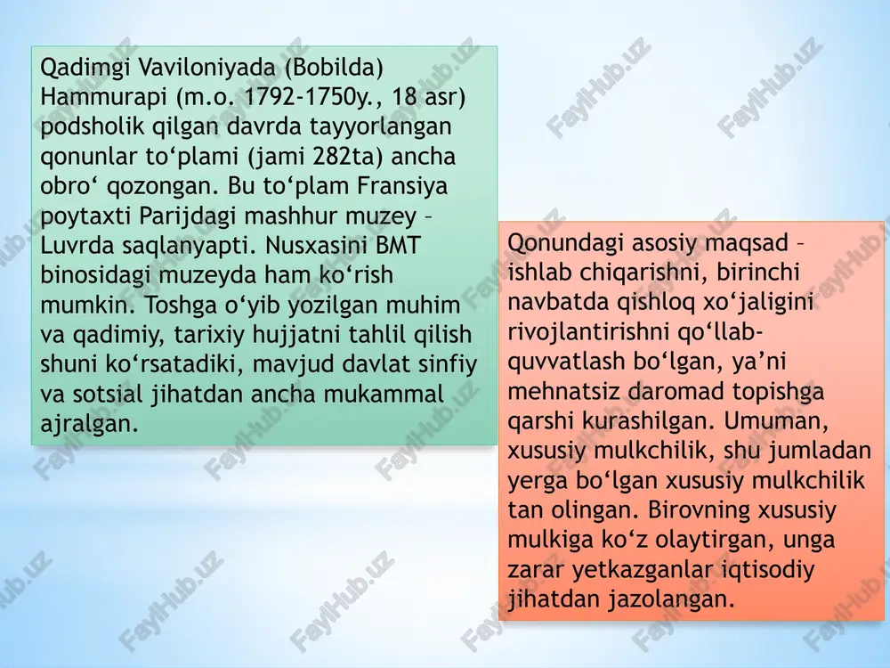 n topilgan? eshnun qonunlarining mohiyati nimada? “sipoh yoki soliq to‘lovchiga tegishli bo'lgan dala, uy, bog‘, — deyiladi qonunda, - kumushga sotilishi mumkin emas” deb qaysi qonunda aytilgan? “avesto”da qanday mazmundagi iqtisodiy fikrlar keltirilgan? “artxashastra” asarining muallifi kim? konfutsiy kim? uning fikrlari qaysi manbada aks ettirilgan? konfutsiyning qanday hikmatli so’zlarini bilasiz? image1.jpeg image2.jpeg image3.jpeg image4.png image5.jpeg image6.jpeg image7.jpeg image8.png image9.png image10.jpeg image11.png image12.jpeg image13.jpeg image14.png /docprops/thumbnail.jpeg