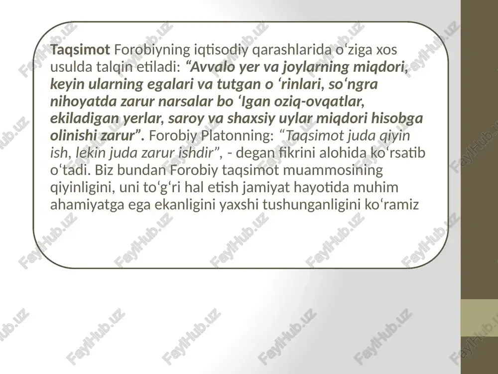 tisodiy hayotga doir ma’lumotlar; - ma’naviy hayotga tegishli ma’lumotlar; - islom mazhablari o‘rtasidagi kurashlar tarixiga oid ma’lumotlar; - boshqaruvning diniy va dunyoviy tamoyillari; - siyosat falsafasi, o‘zini o‘zi boshqaruv institutlari alisher navoiyning iqtisodiy ta’limoti alisher navoiy (1441-1501) buyuk shoir va davlat arbobi. navoiyning dastlabki ijtimoiy-iqtisodiy fikrlari shakllangan asari «hiloliya» hisoblanadi. u shaxsning tarixdagi o'rniga katta e’tibor berib, mamlakatning iqtisodiy ahvoli mamlakat xukmdorining aql-idroki va qobiliyatiga bog‘liqligini aytadi. navoiy mamlakat iqtisodiyotini yuksaltirishda qishloq xo‘jaligi ishlab chiqarishiga alohida e’tibor berdi. uning fikricha markaziy osiyo sharoitida irrigatsiya inshootlarini kengaytirish - dehqonchilikni rivojlantirishga olib keluvchi muhim omillardan hisoblanadi. shu bois juda ko‘p kanal va ariqlar qazildi. navoiy boylikni ikki yo‘l bilan topish mumkinligini ta’kidlaydi. birinchi yo‘l bu - o‘z mehnati bilan boylik to‘plash, yig‘ish va o‘ziga to‘q yashash. bunday boylikni u qo‘llab-quvvatlagan. navoiy olingan boylikni uch qismga bo‘lib, ya’ni birinchi qismini ketgan xarajatlarga, ikkinchi qismini o'zining va oilasining ehtiyojlariga, uchinchi qismini esa aholining ijtimoiy …