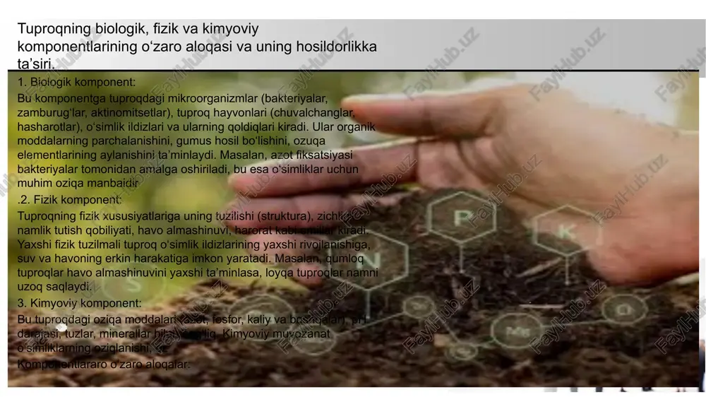 batlari tuproq unumdorligining pasayishi o‘simliklarning o‘sishida sustlashuv zaharli moddalar orqali inson salomatligiga xavf tug‘ilishi (masalan, og‘ir metallarni o‘zlashtirgan sabzavotlar orqali) yer osti suvlarining ifloslanishi biologik xilma-xillikning kamayishi tuproq ifloslanishining ekologik, iqtisodiy va ijtimoiy oqibatlari tuproq ifloslanishi — bu inson faoliyati yoki tabiiy jarayonlar natijasida tuproqning tarkibi, tuzilishi va funksiyasining buzilishi bo‘lib, bu holat ekologik tizimlarga, iqtisodiyotga va jamiyat hayotiga salbiy ta'sir ko‘rsatadi. quyida tuproq ifloslanishining ekologik, iqtisodiy va ijtimoiy oqibatlari keltirilgan:1. 1 1 1.ekologik oqibatlari: biologik xilma-xillikning kamayishi: tuproqdagi zararli moddalarning ko‘payishi foydali mikroorganizmlar va o‘simliklarning yo‘q bo‘lishiga olib keladi. ekotizimlarning buzilishi: tuproq ifloslanganda o‘simliklar o‘sishi qiyinlashadi, bu esa butun oziq-ovqat zanjiriga ta’sir qiladi. yer degradatsiyasi: ifloslangan tuproq unumdorligini yo‘qotadi, bu esa cho‘llanish va eroziyaga olib keladi. suv va havo ifloslanishi: tuproqdagi zararli moddalar suv va havo orqali boshqa joylarga tarqaladi.tuproqdagi hayotiy jarayonlar buziladi. foydali bakteriyalar, hasharotlar va boshqa mikroorganizmlar nobud bo‘ladi, bu esa tuproqning tabiiy tiklanish imkoniyatini cheklaydi. o‘simliklar …