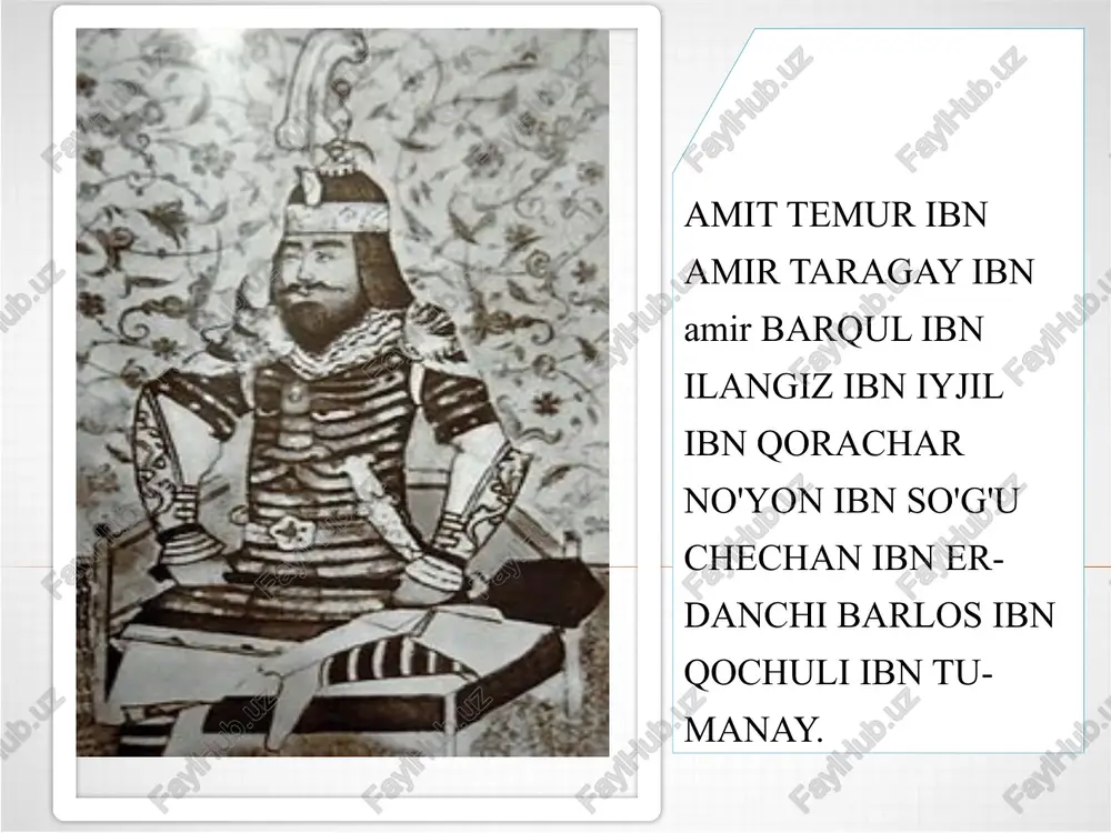 unduzchada hindistonga yurish 1389-yil may oyidan 1399-yil martgacha amir temur hindistondan o'ljalar,120 jangovar qismlar bilan qaytdi. usmonlilar imperiyasiga yurishlar. amir temur huzuriga sulton mahmudxon asir olingan sulton boyazid yildirimni kektirmoqda.sharafiddin ali yazdiy "zafarnoma"qo'lyozmasidan miniatyura. sheroz. 1553-yil xitoyga yurish rui gonsales de klavixo xitoyga yurish sabablarini quyidagicha tariflaydi: xitoy elchilari: bu yurt temurbekka boshqarish uchun berilgani , buning uchun u har yili xitoyga xiroj to'lab turishi zarurligini,lekin 7 yil davomida xiroj to'lanmaganiniaytib, to'lashni lozim ko'radilarmi? amir temur: gaplaringiz to'g'ri , xirojni to'layman, biroq xirojni yo'lda yo'q qilib yubormasliklaringiz uchun men uni o'z qo'lim bilan olib borib topshiraman, deb kinoya qiladi. ammo, bu yurish amalga oshmaydi. to'satdan yo'lda amir temur vafot etgan bayrog'i va muhrlari sharafiddin ali yazdiyning qayd etishicha , a. temurning xarakterli xususiyatlardan biri -dablat, mamlakat, fuqaroning g'amxo'rligi edi. uning qoidasi -"rosti -drusti"edi. demakdir deb tushuntiradi. haqiqat - sihat-salomatlik haqiqat - tartib, haqiqat -adolat rosti - durusti sharafiddin ali yazdiy."zafarnoma"asari …