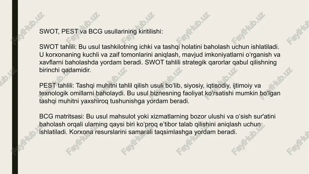 holda quyidagilarni aniqladi: yulduz mahsulot: yangi innovatsion mahsulot, bozorda tez o‘sish sur’atiga ega. sigir mahsulot: kompaniyaning an’anaviy mahsuloti, barqaror daromad manbai. savol mahsulot: texnologik rivojlanishga asoslangan yangi mahsulot, hali bozorda ulushi past. it mahsulot: eskirgan texnologiyaga asoslangan mahsulot, talab pasta bu tahlil asosida kompaniya yulduz va savol mahsulotlarga sarmoya kiritishni davom ettirish, sigir mahsulotlardan olinayotgan daromadni ko‘paytirish, va it mahsulotlarni bozordan chiqarish haqida qaror qabul qildi. bcg matritsasi kompaniyaning strategik qarorlarida muhim o‘rin tutadi va resurslarni samarali boshqarishga yordam beradi. swot tahlili korxonaning ichki kuchli va zaif tomonlarini aniqlash, tashqi imkoniyat va xavflarni baholashda yordam beradi. pest tahlili siyosiy, iqtisodiy, ijtimoiy va texnologik omillarni o‘rganib, tashqi muhitdagi o‘zgarishlarga moslashish imkonini beradi. bcg matritsasi mahsulot portfelini boshqarish orqali resurslarni samarali taqsimlash va strategik qarorlar qabul qilishda yordam beradi. xulosa biznes qarorlarini qabul qilishda swot, pest va bcg kabi zamonaviy tahlil usullari korxonalar uchun samarali vositalar hisoblanadi. har bir usul o‘ziga xos …