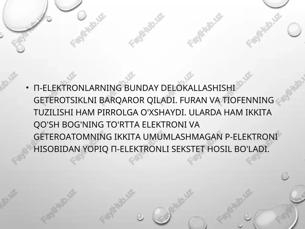 ,4,5-tetrayodpirrol hosil bo’ladi. 2,3,4,5-tetrayod[-pirrol barqaror, sariq kristall modda bo’lib, tibbiyotda iodol nomi bilan antiseptik sifatida ishlatiladi. pirrolni atsetillash juda oson va katalizatorsiz boradi: pirrol furanga nisbatan qiyin qaytariladi. u qaynoq spirtda natriy bilan qaytarilmaydi. uni rux kukuni va sirka kislota bilan gidrogenlagan-da 3-pirrolin (2,5-digidropirrol), ni yoki rt katalizatori ishtirokida vodorod bilan qaytarganda esa pirrolidin hosil bo’ladi: 3-pirolin 900ᵒc da, pirrolidin esa 87-88ᵒc da qaynaydigan suyuqlikdir. 3-pirrolinning hosil bo’lishi pirrolning qisman diyenli xarakterga ega ekanligini ko’rsatadi. pirrolidin molekulasidagi azot atomida erkin elektron jufti borligi uchun u aminlar singari asos xossalariga ega. pirrolidin pirrolga nisbatan 10 ¹⁴ marta kuchli asos hisoblanadi. image2.png image3.png image4.emf image5.emf image6.jpeg oleobject1.bin image7.jpeg image8.jpeg image9.jpeg image10.jpeg image11.jpeg image12.jpeg oleobject3.bin image13.png image14.png image15.png image16.emf image17.png image18.png image19.png image20.png image21.png image22.png image23.png image24.png image25.emf image26.emf oleobject6.bin image27.emf image28.emf oleobject8.bin image29.png image30.emf image31.emf image32.png image33.png oleobject10.bin image34.png image35.png image36.emf image37.emf oleobject11.bin image38.png image39.png image40.png image41.emf image42.emf image43.emf image44.emf oleobject16.bin image45.png …