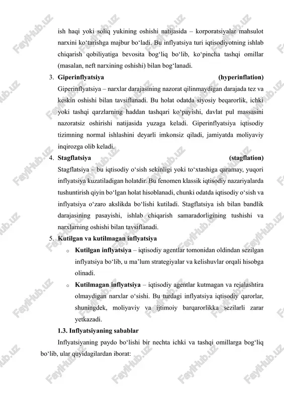 avlat byudjeti defitsiti byudjet xarajatlarining ortishi va ularni moliyalashtirish uchun qarz yoki pul bosib chiqarish inflyatsiyani rag‘batlantiradi. ayniqsa, davlat qarzi yuqori bo‘lsa, pulning qiymati tez pasayadi va narxlar oshadi. 4. tashqi iqtisodiy omillar import narxlarining oshishi, xalqaro neft narxlarining o‘zgarishi yoki tashqi iqtisodiy shoklar inflyatsiyaga olib keladi. masalan, neft narxining keskin ko‘tarilishi ishlab chiqarish xarajatlarini oshiradi va ichki narxlar darajasiga ta’sir qiladi. 5. narx va ish haqi dinamikasining uyg‘unlashmasligi ish haqi va narxlar o‘rtasidagi uyg‘unlashmaslik “ish haqi – narx spirali”ni keltirib chiqaradi: ish haqi oshadi, ishlab chiqaruvchilar mahsulot narxini oshiradi, natijada yana ish haqi ko‘tarilishi talab qilinadi va inflyatsiya davom etadi. 6. psixologik va ijtimoiy faktorlar inflyatsiya kutishlari iqtisodiy subyektlarning qarorlariga ta’sir qiladi. agar aholining ko‘pchiligi kelajakda narxlar oshishini kutsa, ular xaridlarni oldindan amalga oshiradi, bu esa talabni oshiradi va narxlarning yanada ko‘tarilishiga olib keladi. inflyatsiya darajasi past bo‘lsa, u iqtisodiyotning rivojlanish jarayonini rag‘batlantirishi mumkin, lekin yuqori darajadagi inflyatsiya iqtisodiy …