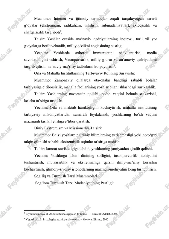 ha vazn, diabet) sonining ortishi, umumiy salomatlikning yomonlashuvi. yechim: sport va jismoniy faoliyatni ommalashtirish, sogʻlom ovqatlanishni targʻib qilish, yoshlar orasida zararli odatlarning oldini olish boʻyicha profilaktik ishlarni kuchaytirish. psixologik salomatlik va ruhiy muammolar: muammo: yoshlar orasida stress, depressiya, xavotir kabi psixologik muammolar sonining ortishi, psixologik yordamga murojaat qilish madaniyatining yetarli emasligi[footnoteref:10]. [10: azizxoʻjayeva n.n. pedagogik texnologiyalar va pedagogik mahorat. – toshkent: oʻqituvchi, 2006.] taʼsir: oʻz-oʻzini qadrlashning pasayishi, oʻqish va ijtimoiy faoliyatga taʼsir, baʼzi hollarda suitsidal holatlar. yechim: maktablar va oliy oʻquv yurtlarida psixologik xizmatni kuchaytirish, yoshlar va ota-onalar orasida ruhiy salomatlik boʻyicha tushuntirish ishlarini olib borish, professional psixolog kadrlarni tayyorlash. "yangi oʻzbekiston" sharoitida yosh avlod tarbiyasidagi dolzarb muammolar mamlakatning kelajak taraqqiyotiga bevosita taʼsir koʻrsatuvchi muhim omil hisoblanadi. bu muammolar taʼlim, ijtimoiy-iqtisodiy, maʼnaviy-axloqiy va sogʻliq sohalarida oʻz aksini topgan boʻlib, ularni bartaraf etish kompleks va tizimli yondashuvni talab qiladi. uqorida keltirilgan muammolarni hal qilish uchun davlat, jamiyat, oila, taʼlim muassasalari va …