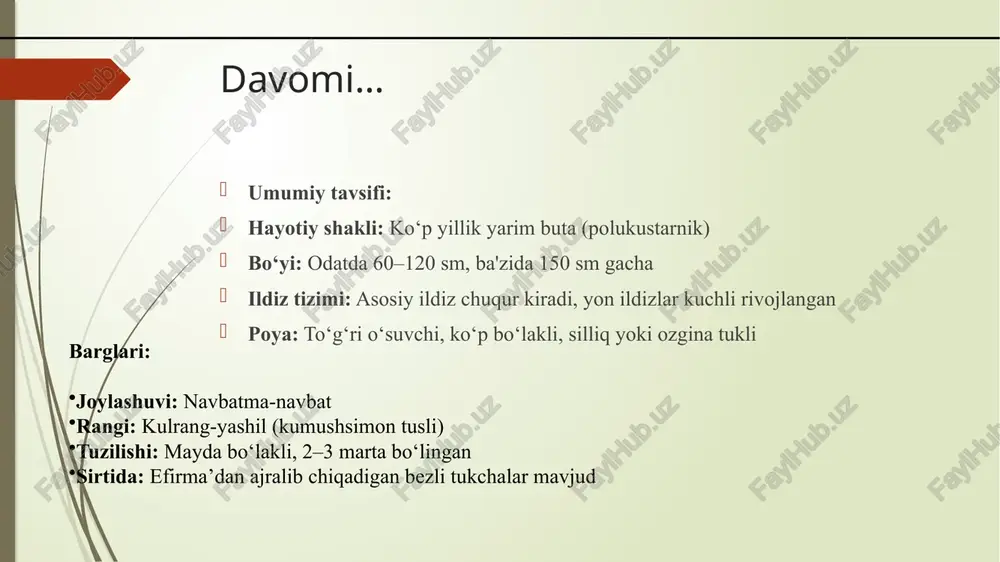 va gastrit kasalliklarida ishlatiladi. tarkibida achchiq moddalar saqlagani bois antimikrob ta'sirga ega shuvoqdan ajratib olingan to'yinmagan uglevodorodlar bakteriotsid, immunotrop va fungitsid xususiyatlarga ega ekanligi to'g'risida ma'lumotlar keltirilgan [19]. ushbu o'simlikdan ajratib olingan xamazulen moddasi antiallergik, spazmolitik, yallig'lanishga qarshi va analgetik ta'sir etish xususiyatiga ega davomi … tojikiston davlat universiteti biologiya fakulteti odam va hayvonlar fiziologiyasi kafedrasi negizida shuvoq o'tining biologik faol moddalari terapevtik xossalarini umumiy farmakologik tekshirishdan o'tkazilgan . tadqiqotlar natijasida eksperimental hayvonlarda (oq kalamushlar, oq sichqonlar, quyonlar) achchiq shuvoqning quyidagi farmakologik xususiyatlar aniqlangan: yallig'lanishga qarshi, gepatoprotektiv, diabetga qarshi, antioksidant, termal himoya [22]. shuvoqdan olingan preparatlarning yallig'lanishga qarshi ta'siri oq kalamushlar oyoqlaridagi shishni kuzatish jarayonida o'rganilgan [13]. kalamushning oshqozoniga tarkibida gistamin (0,1% gistamin eritmasi) va serotonin (0.01% serotonin eritmasi) bo'lgan o'simlik damlamasi (2 va 5 ml\kg) yuborilganda oq kalamushlar oyoqlarida shishlar rivojlanishi mos ravishda 66,0% va 13,0% atrofida kamaygan davomi …. tadqiqotlarga ko'ra, shuvoqning biologik faol moddalari antioksidant xususiyatlarini ko'rsatgan …
