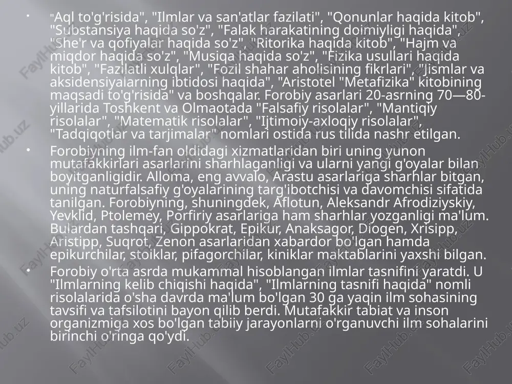lmaslik, bir-birini talash, dushmanlik, nizo-janjallar paydo bo'ladi". forobiyning yozishicha, haqiqiy baxtga erishish uchun harakat qiluvchi, o'zaro yordam qiluvchi, xalqini birlashtirgan shahar — fozil shahar hisoblanadi. baxtga erishish maqsadida o'zaro yordam bergan va birlashgan kishilar fazilatli jamoa bo'ladi. foro­biy fikriga ko'ra, davlatni idora etuvchi shaxs o'zining fazilat va xulq-odobi bilan ajralib turishi, xususan u 6 ta xislatni egallagan bo'lishi, ya'ni ado­latni va dono bo'lishi, boshqalarga g'amxo'rlik qilishi, qonunlarga to'la rioya etishi va qonunlarni yarata olishi, kelgusini oldindan ko'ra bilishi kerak forobiyning talqinicha, fozil shaharlar yuqori madaniyatli bo'ladi. unda yashaydigan xalq o'zi istagan kasb-hunarni egallaydi. bunday jamiyatda to'la erkinlik va teng huquqlik hukm suradi. forobiyning fozil jamoa haqidagi ta'limoti uning axloqiy kamolot va baxt-saodatga erishuv hamda insonparvarlik g'oyalari bilan chambarchas bog'liqdir. u o'zining ijtimoiy-falsafiy, siyosiy va axloqiy qarashlari markaziga insonni, uning maqsad muddaolarini o'rganishni, axloqiy kamolot va baxt-saodatga erishuv yo'llarini ko'rsatishni qo'yadi. axloqiy kamolot deganda, xayr-ehsonli ishlar, go'zal insoniy fazilatlami tushunadi. axloqiy …