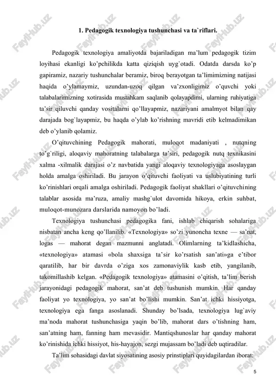 chi)ning o'qitish (tarbiya) vositalari yordamidao'quvchi (talaba)larga muayyan sharoit va ketma-ketlikda ta'sir ko'rsatish va bu faoliyat mahsuli sifatida ularda oldindan belgilangan shaxs sifatlarini shakllantirish jarayondir. (n.saydaxmedov). pedagogik texnologiya - o'qitishning, ta'limning shakllari, metodlari, usullari, yollari, tarbiyaviy vositalarning maxsus yig'indisi va komponovkasi (joylashuvi)ni belgilovchi psixologik tartiblar (ustanovka)lar majmuasi;u pedagogik jarayonning tashkiliy-uslubiy vositalaridan iborat ( b.t.lixachev). pedagogik texnologiya - texnika resurslari, odamlar va ularning o'zaro ta'sirini hisobga olgan holda ta'lim shakllarini optimallshtirish vazifasini qo'yuvchi o'qitish va bilimlarni o'zlashtirishning hamma jarayonlarini yaratish, qollash va aniqlashning tizimli metodi. pedagogik texnologiya - bu o'qitishga o'ziga xos yangicha (innovatsion) yondashuvdir.u pedagogikadagi ijtimoiy-muhandislik tafakkurining ifodalanishi, texnokratik ilmiy ongning pedagogika sohasiga ko chirilgan tasviri, ta'lim jarayonining muayyan standartlashuvi hisoblanadi.( b.l.farberman) ushbu aytilganlar asosida pedagogik texnologiyaning quyidagi eng qisqa va umumlashtirilgan ta'rifmi keltirishimiz mumkin: pedagogik texnologiya - barkamol insonni shakllantirish faoliyati". shu bilan birga pedagogik texnologiyaning keng ko'lamli, serqirra tushuncha ekanligini hisobga olgan holda uning quyidagi yana bir nechta ta'riflarini …