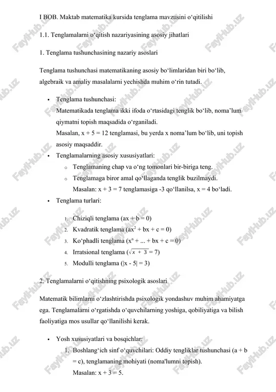 ish. 2. muammoli o‘qitish: o‘quvchilarga mustaqil ravishda tenglama yechimini topish vazifasini berish. 3. interaktiv o‘qitish: guruhlarda ishlash, raqamli texnologiyalarni qo‘llash. 4. amaliy usul: tenglamalarni hayotiy masalalar bilan bog‘lash. masalan: biror joyga borish uchun qancha yoqilg‘i sarflanishini tenglama yordamida hisoblash. · tenglamalarni o‘qitishda texnologiyalar: 1. geogebra, desmos kabi grafik dasturlardan foydalanish. 2. elektron darsliklar va test tizimlari: tenglamalarni yechish bo‘yicha mashqlar va avtomatik tekshiruv tizimlari. 4. tenglamalarni o‘qitishda grafik yondashuv grafik yondashuv tenglama yechishning nazariy va amaliy jihatlarini chuqurroq tushunishga yordam beradi. · grafik usulning mohiyati: har bir tenglama biror grafik shaklida tasvirlanadi. yechim bu grafikning x o‘qi bilan kesishgan nuqtalari bo‘ladi. masalan: x2 - 4 = 0 uchun y = x2 - 4 grafigi chiziladi, va x = 2 yechim sifatida aniqlanadi. · grafik usulning afzalliklari: 1. yechimlarni vizual tasavvur qilish imkoniyati. 2. bir nechta yechimga ega tenglamalarni oson tahlil qilish. 3. matematik munosabatlarni tushunishni osonlashtiradi. 5. tenglamalarni o‘qitishning zamonaviy …