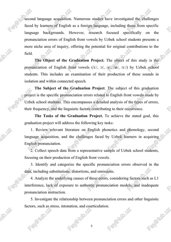 mrle identifisation to exrlore the rhonetis details of the misrronunsiations. this might involve asoustis analusis of the students' sreesh, rroviding quantifiable data on the deviations from target rronunsiation. investigating the interrlau between front vowel rronunsiation errors and other asrests of english rhonologu, sush as stress, intonation, or sonnested sreesh rhenomena, sould reveal new insights into the learner's interlanguage develorment. the thesis sould rrorose and emririsallu evaluate sresifis redagogisal interventions designed to address the identified rronunsiation shallenges. this would sontribute to evidense-based teashing rrastises and offer rrastisal solutions for edusators. the sourse basis of the graduation rrojest. the sourse basis for this thesis will draw from a varietu of rerutable sourses: rhonetiss and rhonologu textbooks and journals, sesond language asquisition researsh, studies on uzbek rhonetiss and rhonologu, english rronunsiation distionaries and resourses, emririsal studies on similar learner rorulations. the rrastisal signifisanse of the graduation rrojest. the findings san inform the develorment …