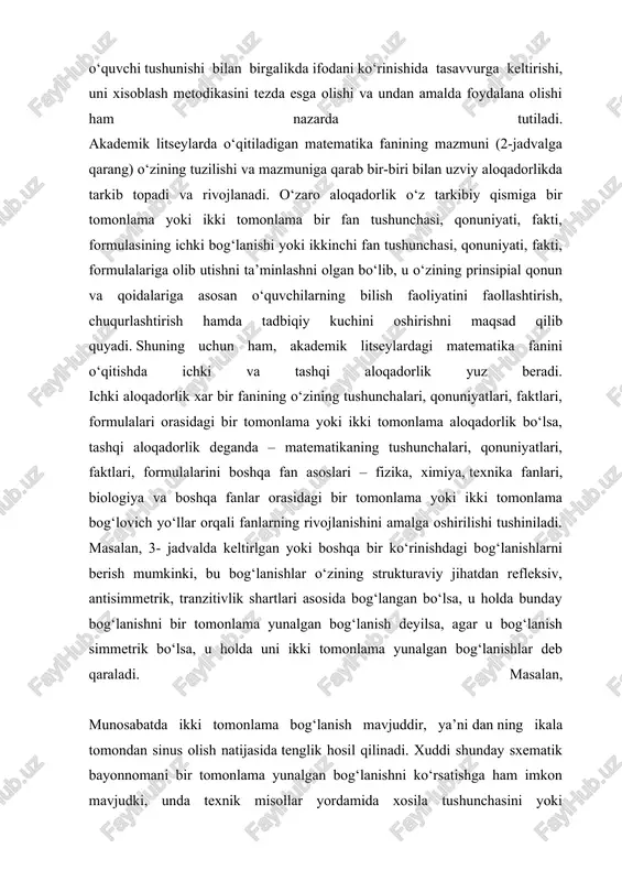 r tomonlama yoki ikki tomonlama bir fan tushunchasi, qonuniyati, fakti, formulasining ichki bog‘lanishi yoki ikkinchi fan tushunchasi, qonuniyati, fakti, formulalariga olib utishni ta’minlashni olgan bo‘lib, u o‘zining prinsipial qonun va qoidalariga asosan o‘quvchilarning bilish faoliyatini faollashtirish, chuqurlashtirish hamda tadbiqiy kuchini oshirishni maqsad qilib quyadi. shuning uchun ham, akademik litseylardagi matematika fanini o‘qitishda ichki va tashqi aloqadorlik yuz beradi. ichki aloqadorlik xar bir fanining o‘zining tushunchalari, qonuniyatlari, faktlari, formulalari orasidagi bir tomonlama yoki ikki tomonlama aloqadorlik bo‘lsa, tashqi aloqadorlik deganda – matematikaning tushunchalari, qonuniyatlari, faktlari, formulalarini boshqa fan asoslari – fizika, ximiya, texnika fanlari, biologiya va boshqa fanlar orasidagi bir tomonlama yoki ikki tomonlama bog‘lovich yo‘llar orqali fanlarning rivojlanishini amalga oshirilishi tushiniladi. masalan, 3- jadvalda keltirlgan yoki boshqa bir ko‘rinishdagi bog‘lanishlarni berish mumkinki, bu bog‘lanishlar o‘zining strukturaviy jihatdan refleksiv, antisimmetrik, tranzitivlik shartlari asosida bog‘langan bo‘lsa, u holda bunday bog‘lanishni bir tomonlama yunalgan bog‘lanish deyilsa, agar u bog‘lanish simmetrik bo‘lsa, u holda …