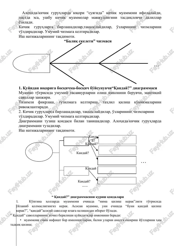 1. ko'pgina hollarda muammoni echishda “nima qilish kerak”ligi to'g'risida o'ylanib qolmasligingiz kerak. asosan muammo, uni echishda “buni qanday qilish kerak?”, “qanday”asosiy savollar yuzaga kelishidan iborat bo'ladi. “ qanday” savollarining izchil berilishi quyidagilar imkonini beradi: · muammoni echish nafaqat bor imkoniyatlarni, balki ularni amalga oshirish yo'llarini ham tadqiq qilish; . quyidan yuqoriga bosqichma-bosqich bo'ysunadigan g'oyalar tuzilmasini aniqlaydilar. diagramma strategik darajadagi savollar bilan ishlashni boshlaydi. muammoni echishning pastki darajasi birinchi galdagi harakatlarning ro'yxatiga mos keladi. 2. barcha g'oyalarni o'ylab o'tirmasdan, baholamasdan va taqqoslamasdan tezlikda yozish kerak; 3.diagramma hech qachon tugallangan bo'lmaydi: unga yangi g'oyalarni kiritish mumkin. 4. agarda chizmada savol uning “shoxlarida” bir necha bor qaytarilsa, unda u biror muhimlikni anglatadi. u muammoni echishning asosiysi bo'lishi mumkin. 5.yangi g'oyalarni grafik ko'rinishda: daraxt yoki kaskad ko'rinishidami, yuqoridan pastgami yoki chapdan o'ngda qayd qilinishini o'zingiz hal etasiz. 6. agarda siz o'zingizga to'g'ri savollar bersangiz va uning rivojlanish yo'nalishini namoyon bo'lishida ishonchni saqlasangiz, diagramma, siz …