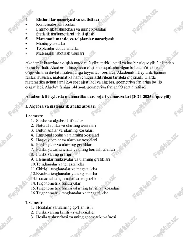 koordinatalar metodi yordamida masalalar yechish 9. vektorlar yordamida masalalar yechish iii. ehtimollar nazariyasi va matematika statistikasi asoslari 1. kombinatorika elementlari 2. permutatsiyalar, o’rin almashtirishlar va kombinatsiyalar 3. nyuton binomi 4. ehtimollik tushunchasi 5. tasodifiy hodisalar va ularning ehtimolligi 6. ehtimolliklarni qo’shish va ko’paytirish teoremalari 7. statistika elementlari 8. statistik ma’lumotlarni yig’ish va taqdim etish usullari 9. o’rtacha qiymat, mediana va moda tushunchalari bu dars rejasi va mavzular ro’yxati 2024-2025 o’quv yili uchun mo’ljallangan bo’lib, o’quv dasturiga muvofiq o’zgartirilishi mumkin. har bir mavzu bo’yicha nazariy bilimlar bilan bir qatorda amaliy mashg’ulotlar va masalalar yechish ko’zda tutilgan. 1.2. akademik litseylarda o’qitiladigan matematika fanlarining strukturasi bugungi kunda o’qituvchilar oldida turgan asosiy vazifa, o’sib kelayotgan yosh avlodni bilimli va dono qilib tarbiyalashdir. chunki kelajak yoshlar qo’lida . mana mustaqillikka erishganimizdan so’ng ta’lim sohasida bir qancha islohotlar amalga oshirildi. ta’lim muassasalari zamonaviy jihozlar bilan jihozlandi. o’quvchilarga chuqur bilim berish uchun faqat bu jihozlargina yetarli emas. …