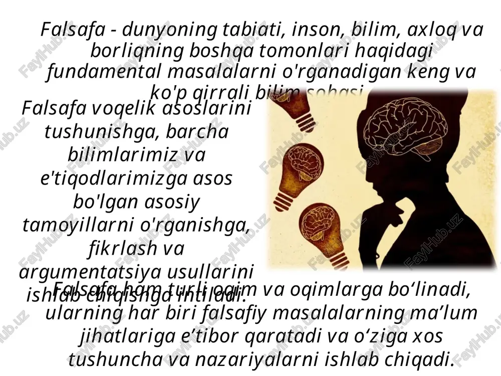 oslaydi, ularga dalil-isbot keltiradi va yaxlit tizimlarni yaratishga harakat qiladi. avvalo aqlga tayanadi va oqilona bilimni yaratishga harakat qiladi; o‘rganilayotgan obektlar va hodisalarning qonunlari va qonuniyatlarini aniqlashga qarab mo‘ljal oladi; falsafa va fan o‘rtasidagi farq shunda namoyon bo‘ladiki: falsafa doim u yoki bu faylasuf nomi bilan bog‘lanadi, bunda uning g‘oyalari, asarlari bo‘lishi va ularga boshqa faylasuflar qo‘shilishi yoki qo‘shilmasligiga bog‘liq bo‘lmasligi mumkin. fan esa, mohiyat etibori bilan, jamoa mehnati mahsulidir; -falsafada (muayyan fanlardan farqli o‘laroq) yagona til va yagona tizim mavjud emas. bu erda fikrlar rang-barangligi meyor sanaladi. fanda esa monizm hukm suradi, chunki hech bo‘lmasa fanning u yoki bu muayyan sohasidagi asosiy tamoyillar, qonunlar va kategoriyalar tizimi (til)ga nisbatan yondashuvlar birligi albatta mavjud bo‘ladi; -falsafa ilmiy bilimlar va dalillardan keng foydalanadi, biroq uning uzil-kesil xulosalari ishonchli deb hisoblanishi mumkin emas, zero ular asosan faylasuflarning subektiv fikrlari va mulohazalariga asoslanadi. fan esa mohiyat etibori bilan isbotlangan va sinashta bilimlar olishga …