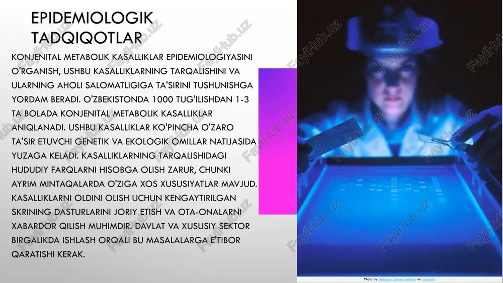 lash sohasida muhim o‘rin tutmoqda. ushbu davolash usullari qatoriga gen terapiyasi, yangi dori vositalari, va zamonaviy diagnostika usullari kiradi. gen terapiyasi, masalan, ba'zi tug‘ma kasalliklarning sabablarini to‘g‘rilash imkonini beradi. yangi dori vositalari, masalan, mukovissidoz va hemofiliya uchun mo‘ljallangan preparatlar, bemorlarning hayot sifatini yaxshilashda muhim rol o‘ynaydi. photo by national cancer institute on unsplash e'tiboringiz uchun rahmat! image4.png image5.png image15.jpg image6.png image16.jpg image17.jpg image7.jpeg image8.png image1.png