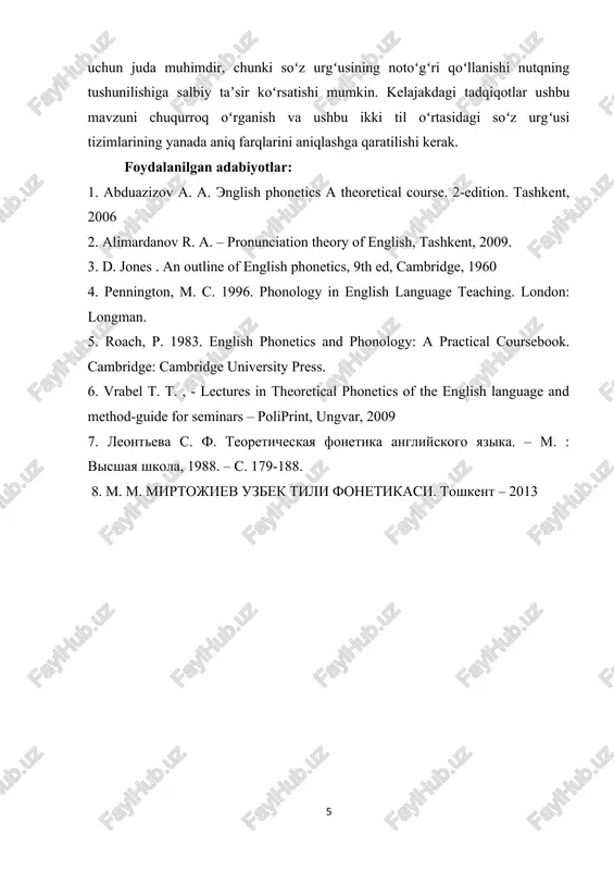 asidagi pauza va urgʻu tushishining ritmik ketma-ketligi juda muhim ahamiyatga ega. oʻzbek tilida esa, nutq ritmikasi ingliz tiliga qaraganda kamroq aniq va bir xil emas. xulosa ingliz va oʻzbek tillarida soʻz urgʻusining oʻziga xos xususiyatlari mavjud. ingliz tilida soʻz urgʻusi soʻz maʼnosiga va nutq ritmikasiga kuchli taʼsir qiladi, oʻzbek tilida esa urgʻu asosan birinchi boʻgʻinga tushadi va maʼno oʻzgarishi kamroq uchraydi. ushbu farqlarni bilish ingliz va oʻzbek tillarini oʻrganuvchilar uchun juda muhimdir, chunki soʻz urgʻusining notoʻgʻri qoʻllanishi nutqning tushunilishiga salbiy taʼsir koʻrsatishi mumkin. kelajakdagi tadqiqotlar ushbu mavzuni chuqurroq oʻrganish va ushbu ikki til oʻrtasidagi soʻz urgʻusi tizimlarining yanada aniq farqlarini aniqlashga qaratilishi kerak. foydalanilgan adabiyotlar: 1. abduazizov a. a. english phonetics a theoretical course. 2-edition. tashkent, 2006 2. alimardanov r. a. – pronunciation theory of english, tashkent, 2009. 3. d. jones . an outline of english phonetics, 9th ed, cambridge, 1960 4. pennington, m. c. 1996. phonology in english language …