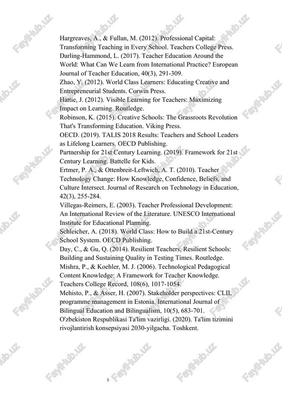 a'limiy jarayonda maqsadli va samarali qo'llash qobiliyatiga ega professional mutaxassisdir. raqamli savodxonlik, interfaol metodlar, talaba markazli yondashuv, individual ta'lim traektoriyalari yaratish va uzluksiz kasbiy rivojlanish zamonaviy o'qituvchining ajralmas qismlari hisoblanadi. ta'limdagi o'zgarishlar tez sur'atlar bilan davom etmoqda va bu jarayonda o'qituvchining roli yanada muhim va mas'uliyatli bo'lib bormoqda. moslashuvchanlik, ochiqlik, o'rganishga tayyorlik va pedagogik qadriyatlarga sodiqlik – bularning uyg'unligi zamonaviy o'qituvchini haqiqiy professional va ta'lim tizimining etakchi kuchiga aylantiradi. kelajak ta'limi bugungi o'qituvchilarning o'zgarishlarga qanchalik muvaffaqiyatli moslasha olishiga bog'liq va shu ma'noda har bir o'qituvchining shaxsiy va kasbiy o'sishi butun jamiyatning rivojlanishi uchun muhim ahamiyat kasb etadi. foydalanilgan adabiyotlar ro'yxati fullan, m. (2020). the new meaning of educational change. teachers college press. hargreaves, a., & fullan, m. (2012). professional capital: transforming teaching in every school. teachers college press. darling-hammond, l. (2017). teacher education around the world: what can we learn from international practice? european journal of teacher education, 40(3), 291-309. …