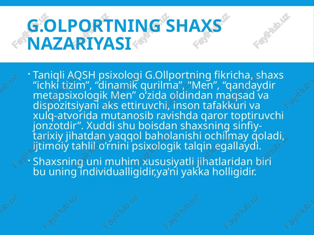 tarqoqlik. ishonchlilik - ishonchsizlik. ulg‘ayish - organizmning etilmay qolishi. odoblilik - odobsizlik. kirishimlilik - odamovi. quvnoqlik - g‘amginlik. maftunkorlik - ixlosi qaytganlilik. dilkashlik - pismiq. faollik - sustkashlik. mustaqillik - konformlilik ekspressivlik - vazminlik xilma-xil qiziqishlar - tor qiziqish. ta’sirchanlik - sovuqqonlik. jiddiylik - betayinlik. halollik - aldamchilik. tajovvuzkorlik - oq ko‘ngillilik. tetiklik - quvnoqlik. optimizm - umidsizlik (pessimizm). botirlik - qo‘rqoqlik. oliy himmatlilik – ziqnalik; erkinlik - tobelik. adabiyotlar g'oziev e.g'. umumiy psixologiya. t.: o'qituvchi, 2010. xoll k., lindsey g. teorii lichnosti. m., 1998.- 796 s. xell l., zigler d. teorii lichnosti. spb.: piter, 1997. – 608 s. nazorat savollari gumanistik psixologiyaning asosiy prinsiplari g.olportning shaxs nazariyasi. taniqli aqsh psixologi shaxs tiplari: a.maslou shaxs nazariyasi. maslou ehtiyojlar piramidasi. k. rodjersning shaxs nazariyasi. men konsepsiyasi xarakterlovchi jihatlari. shaxs markazlashgan psixoterapiyaning asosiy prinsipi. r.meyining shaxs xislatlari. /docprops/thumbnail.jpeg