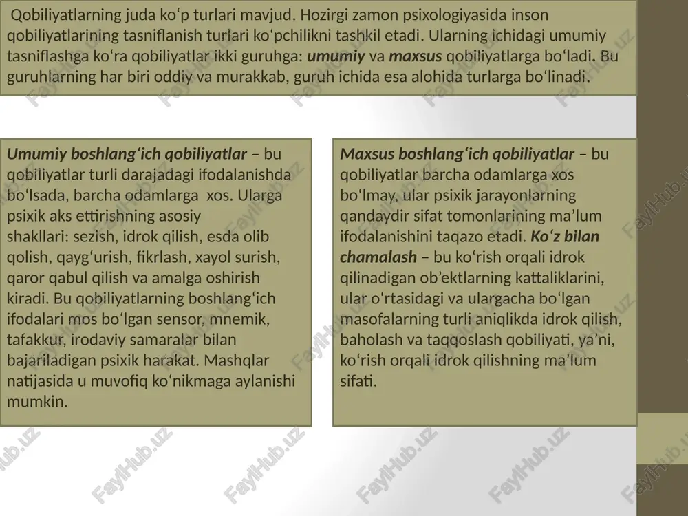 aniq amaliy faoliyatga moyilligini belgilab beradilar. qobiliyatlar, shuningdek, o‘quv va ijodkorlik qobiliyatlariga bo‘linadi. ular bir-biridan, birinchisining o‘qitish samarasini, inson tomonidan bilim, malaka va ko‘nikmalarning o‘zlashtirilishini belgilashi bilan, boshqalarining kashfiyotlar, moddiy va ma’naviy madaniyatning yangi shakllarini yaratish imkoniyatini belgilashi bilan farq qiladi. qobiliyatlar rivojlanishi uchun sharoitlarning mavjudligi yoki mavjud emasligiga ko‘ra, ular yashirin va dolzarb bo‘lishi mumkin. yashirin qobiliyatlar sifatida ma’lum faoliyat turida joriy qilinmaydigan, lekin ijtimoiy sharoitlarning o‘zgarishida dolzarb qobiliyatga aylana oladigan qobiliyatlar tushuniladi. dolzarb qobiliyatlarga ayni damda zarur bo‘lgan va aniq faoliyat turida joriy qilinadigan qobiliyatlar kiritiladi. yashirin va dolzarb qobiliyatlar inson qobiliyatlari rivojlanadigan ijtimoiy sharoitlar xarakterining bilvosita ko‘rsatkichlari sifatida namoyon bo‘ladi. matematik qobiliyatlar ustida v.a. krutetskiy ish olib borgan. matematik qobiliyatar tarkibida matematik xotira, miqdoriy va fazoviy munosabatlar sohasidagi mantiqiy tafakkur qobiliyati, matematik materialning tezda kengaytirilgan holda umumlashtirish, bir operatsiyadan ikkinchisiga oson va erkin o‘tish, mulohaza va echimlarning aniqligi, oddiyligi, tejamkorligi va omilkorligiga intilish katta ahamiyatga ega. matematik …