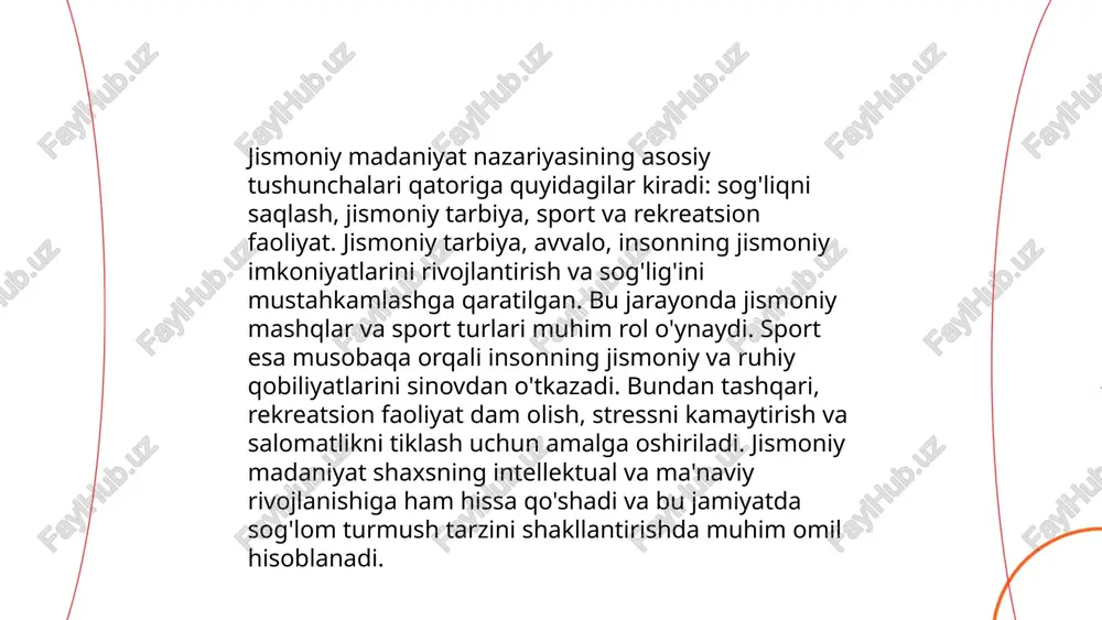 qib savatiga tushirishga harakat qiladi. tennisda o‘yinchilar tarmoq orqali to‘p almashishadi. yengil atletika yugurish, sakrash va uloqtirish kabi makkorliklarni o‘z ichiga oladi. suv sport turlari ichida suzish, suv polo va suzib tushish mashhur. har bir sport turi alohida qoidalarga ega va o‘ziga xos jismoniy tayyorgarlikni talab qiladi. sport sog‘lom turmush tarzini qo‘llab-quvvatlaydi va raqobat ruhini rivojlantiradi. ... t.me/slaydai_bot jismoniy madaniyatda motivatsiya va intilish jismoniy faoliyat bilan shug'ullanishga undovchi asosiy omillardir. tadqiqotlarda ko'rsatilganidek, 70% odamlar sog'lig'ini saqlash uchun sport bilan shug'ullanadi, 50% esa o'z qiyofasini yaxshilashni xohlaydi. yana bir muhim faktor - ruhiy salomatlik, bu esa sport aktiviteleri orqali stressni kamaytiradi. jismoniy tarbiyada motivatsiya va intilishlar insonning yuksak maqsadlarini amalga oshirishga yordam beradi. o'qituvchilar va murabbiylar motivatsiyani oshirish uchun musobaqalar va mashqlarni qiziqarli va maqsadli qilib tuzishi zarur. bu esa umumlashtirilgan holda insonlarning jismoniy faolligini oshirishga xizmat qiladi. ... t.me/slaydai_bot 13. jismoniy tarbiyada rejalashtirish va nazorat jismoniy tarbiyada rejalashtirish va nazorat …