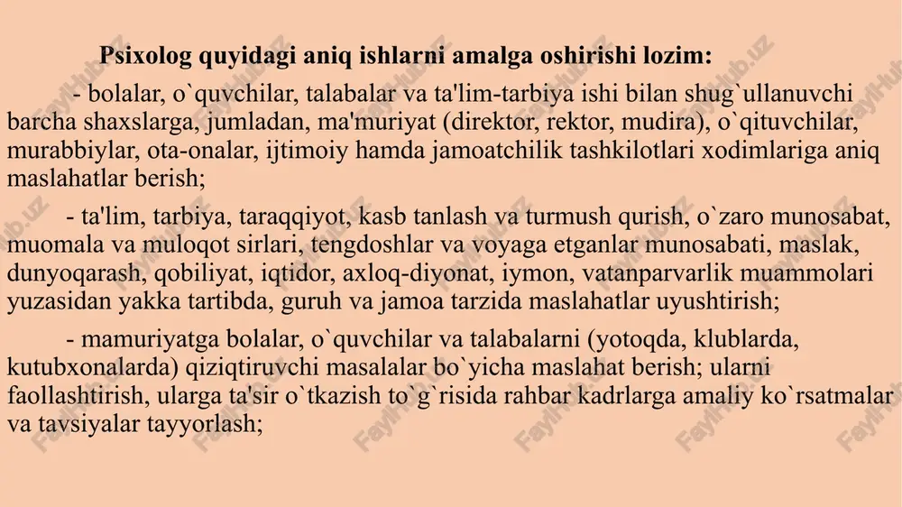 kelinmagan. ba'zilar bu savol xirurg haqidagi: «biror marta operatsiya stoliga yotmasdan, operatsiya qilishga haqqi bormi?» - degan savolga o`xshaydi, deyishadi. ma'lumki, tibbiyotda bunday savol tug`ilmaydi. shuning uchun, psixologlarning birinchi guruhi, mutaxassis, amaliyotchi sifatida har xil yoshdagi insonlar bilan turli muammolar bo`yicha ishlashni bilishi kerak, deb hisoblaydilar. psixologning xususiy hayoti va shaxsiy tajribaning mavjudligi yoki yo`qligi katta ahamiyatga ega emas: muhimi bu kasbiy mahorat (professionalizm). psixologning ijtimoiy roli, kasbiy pozitsiyasi va statusi hozirgi vaqtda maktablarda, litsey va kollejlarda ikki yo`l bilan amaliy psixologiyaga kelgan psixologlar ishlashadi. birinchilari–universitetlarning psixologiya fakul'tetini bitirgan va ikkinchilari–maktabda ma'lum vaqt o`qituvchi bo`lib ishlab, keyin amaliyotchi psixologlar fakultetini bitirib, so`ng o`z maktablariga psixolog sifatida qaytib kelganlar. bu ikki psixologlar guruhining qaysi biri mahsuldorroq, degan savol tug`iladi. asosiy ma'lumotli psixologlar yaxshi kasbiy bilimga egalar, psixologik metodlarni yaxshi biladilar. lekin ular maktab hayotidagi ishning barcha xususiyatlaridan xabardor emaslar. ikkinchi mutaxassislikni egallagan o`qituvchi psixologlar, aksincha, maktab va pedagogik amaliyot bilan yaxshi …
