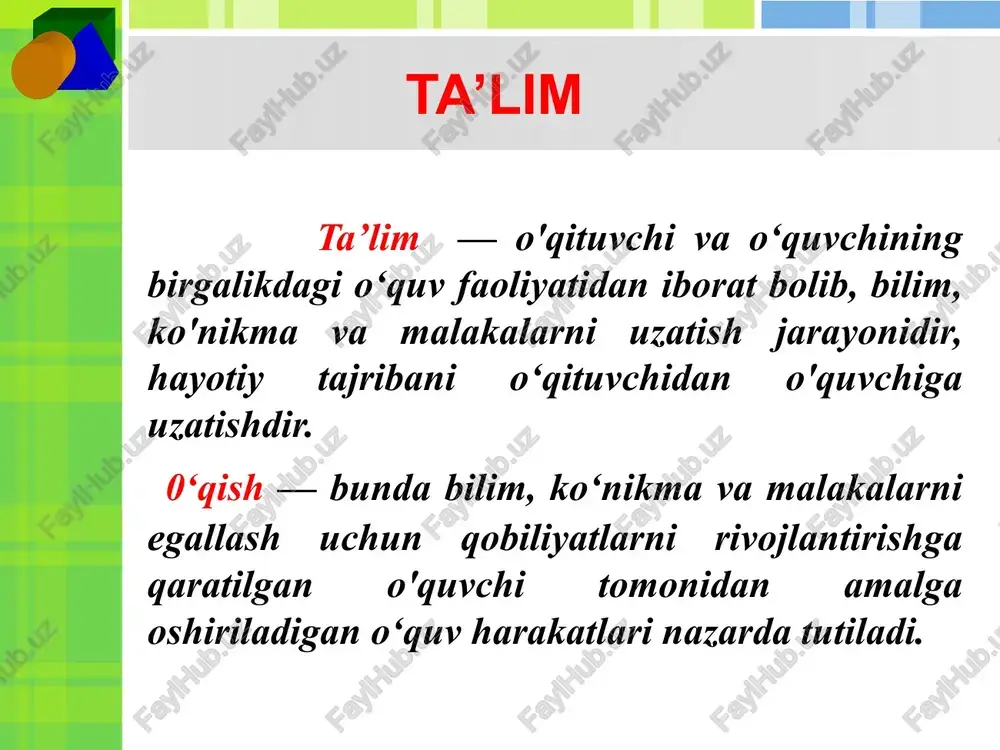 at namoyon bo’ladi. qiziqishlar o’quvchilar hayotida katta rol o’ynaydi. ular o’quv faoliyatini faollashtiruvchi asosiy turtkilar - motivlaridir. o’quvchilarning muayyan maqsadni ko’zlab ish tutishida, qiyinchiliklarni yenga olishida, ishdan chalg`itadigan narsalar bilan shug`ullanishdan o’zini tiya olishida, unda o’qishga ishtiyoq tarkib toptirishda namoyon bo’ladigan iroda ta’lim jarayonida alohida ahamiyat kasb etadi. ta’lim jarayonini boshqarish muammosi ta’lim jarayoni avvalo o’quvchilar diqqatini yo’lga solishni talab etadi. darslarda ko’rgazmali qurollardan, texnik va exm vositalaridan foydalanish ta’lim oluvchida ixtiyorsiz diqqatni yuzaga keltiradi. ta’lim jarayonida ta’lim beruvchining vazifasi darsda ishlash xolatini yuzaga keltirishgina emas, balki o’quvchilarning darsda o’tiladigan materialini idrok etishga tayyor turishlarini ko’zatish hamdir. ta’lim jarayonining samaradorligi ko’p jihatdan o’qituvchi tomonidan beriladigan ko’rsatmalarga ham bog`liq. o’qituvchining roli shundan iboratki, u o’quvchilarga tegishli ustanovkani hosil qilishi, nimani vaqtincha, nimani umrbod esda olib qolishi keraqligini, nimani butunlay esda olib qolmasdan, faqat tushunib olish kifoya qilishini, nimani so’zma-so’z esda olib qolishni, nimaning ma’nosini o’z so’zlari bilan aytib berish uchun esda …