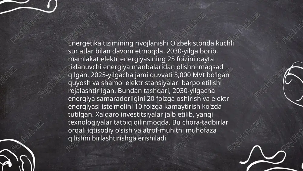 qt tejash imkonini beradi. akt sohasi 2023-yilga kelib umumiy ichki mahsulotga 5% hissa qo‘shishi kutilmoqda. 2022-yilda 10000 dan ortiq maktab raqamli ta'lim platformalaridan foydalanmoqda. o‘tgan yilda akt bo‘yicha 30000 ga yaqin mutaxassis tayyorlandi. har yili davlat tomonidan aktning rivojlanishi uchun milliardlab so‘m mablag‘ ajratiladi. ... t.me/slaydai_bot robot texnikasining ahamiyati kundan kunga ortib bormoqda. hozirgi kunda robototexnika sanoatda, tibbiyotda, qishloq xo‘jaligida va kundalik hayotda keng qo‘llanilmoqda. misol uchun, sanoatda robotlar yig‘ish va payvandlash jarayonlarini tezlashtirishda ishlatiladi, bu esa mehnat unumdorligini 30-40% ga oshiradi. tibbiyotda esa robotlar operatsiyalarni aniqroq bajarishga imkon beradi. aqshda qishloq xo‘jaligida avtomatlashtirish mehnat xarajatlarini 20% gacha kamaytirishni taʼminlaydi. bundan tashqari, uy sharoitida maishiy robotlar tozalash va boshqa uy vazifalarini bajarishga yordam beradi. robototexnika bo‘yicha jahon bozori hajmi 2023-yilda 60 milliard aqsh dollaridan oshishi kutilmoqda. ... t.me/slaydai_bot 13. axborot-aloqa texnologiyalarining joriy etilishi axborot-aloqa texnologiyalarining (aat) joriy etilishi zamonaviy jamiyat rivojlanishiga katta hissa qo‘shmoqda. o‘zbekiston bo‘yicha 2023-yilda internet foydalanuvchilari soni …