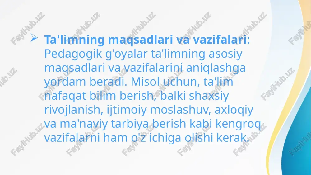 il etishni taklif etdi. shu bilan birga, comenius ta'limni hamma uchun erkin va teng qilishni muhim deb hisoblagan. xix asr pedagogikasi xix asrda ta'limda islohotlar va yangiliklar amalga oshirilgan. pedagogikaning ilmiy asoslari yaratilgan va ta'lim jarayoni tizimlashtirilgan. friedrich froebel (1782–1852) bolalar tarbiyasi va o'qitishning o'ziga xos metodlarini ishlab chiqdi (bolalar bog'chasi). jean piaget va lev vygotskiy kabi olimlarning tadqiqotlari rivojlanish psixologiyasi va ta'lim metodlarining ilmiy asoslarini yaratdi. xx asr pedagogikasi xx asrda pedagogika va ta'lim sohasida katta islohotlar yuz berdi. pedagogik metodlar, dars tizimlari va ta'lim uslublari yanada boyidi. maria montessori (1870–1952) o'zining maxsus o'qitish tizimi va pedagogik metodlari bilan tanildi, ayniqsa, yosh bolalar uchun innovatsion yondashuvlar ishlab chiqdi. paulo freire (1921–1997) ta'limning ijtimoiy ahamiyatini ta'kidladi, uning "pedagogika opressi" asari ijtimoiy adolat va tenglikni ta'lim jarayoniga qo'shdi. xx asrda pedagogika sohasida sezilarli islohotlar yuz berdi, chunki ta'lim tizimi, metodikalar va yondashuvlar kengayib, murakkablashdi. bu davrda pedagogikada yangi tamoyillar va usullar …