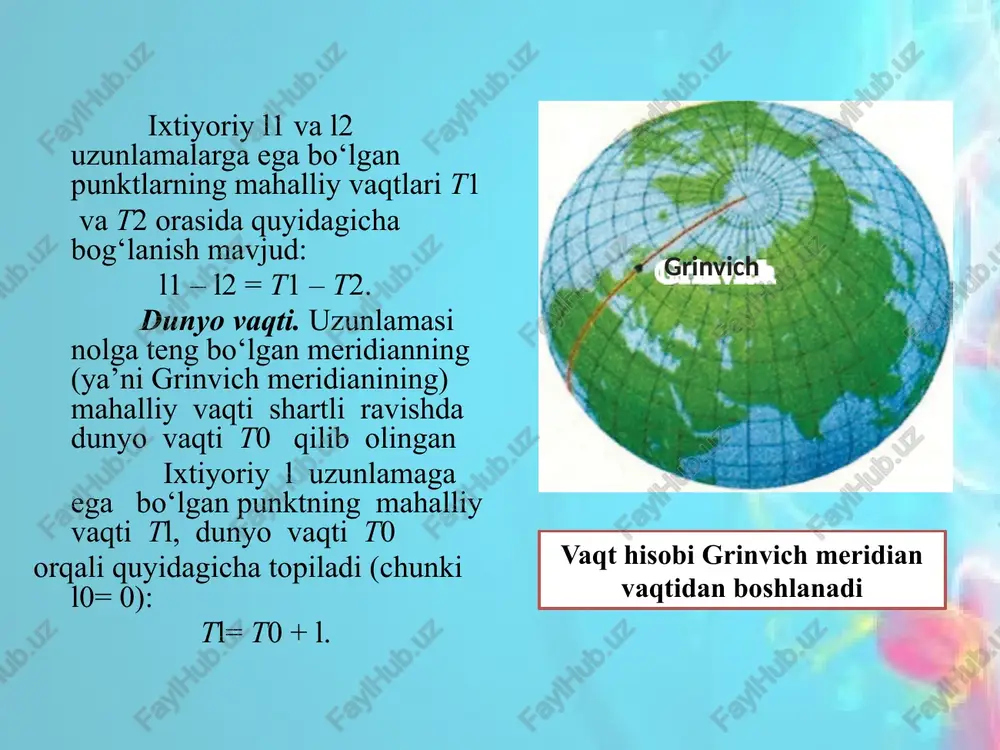 deyiladi. agar bunda oy yerning soyasi ichidan o‘tsa, to‘la tutilish, bordi-yu yarimsoyaning ichidan o‘tsa, u holda yarimsoyali tutilish deyiladi. oy tutilayotganda, u har doim to‘linoy fazasida bo‘ladi. yerning ma’lum bir joyida quyosh tutilishiga nisbatan oy tutilishlari ko‘proq kuzatiladi. chunki quyosh tutilishlari yerning oy soyasi tushgan va uncha katta bo‘lmagan maydonidagina kuzatiladi. oy tutilishi esa yerning quyoshga qarama- qarshi yarimsharining hamma qismida bir vaqtda ko‘rinadi. soya yarimsoya 2 1 3 mavzuni mustahkamlash uchun savollar vaqtni o‘lchashda qaysi osmon jismining davri asos qilib olinadi? yulduz va quyosh sutkalari qanday topiladi? ular o‘zaro tengmi? mahalliy va dunyo vaqtlari deb qanday vaqtlarga aytiladi? poyas vaqti qanday topiladi? bu vaqtlar orasida qanday bog‘lanish mavjud? kalendarlarni tuzishda qaysi osmon jismlarining davrlari asos qilib olinadi? oyning sinodik davri (oy fazalarining qaytarilish davri) asos qilib olingan kalendarlar qanday kalendarlar deyiladi? tropik yil asos qilib olinganlari-chi? yulian va grigorian kalendarlari haqida nimalar bilasiz? kichik guruhlarga bo’linamiz 1-guruh 1. oy …