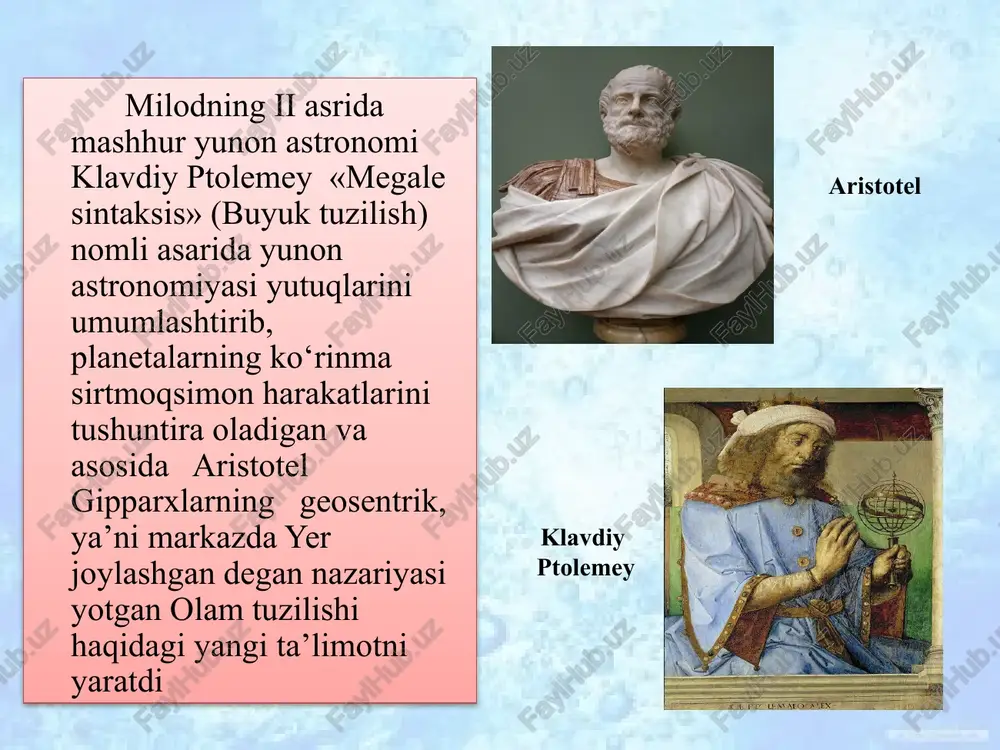 rakati tufayli sodir bo‘ladi. osmon sferasi, uning asosiy nuqta, aylana va chiziqlari osmon sferasi deb, radiusi ixtiyoriy qilib olingan va markazi kuzatuvchining ko‘zida yotgan shunday sferaga aytiladiki, bu sferada ma’lum vaqtda yulduzlar osmonda qanday ko‘rinsa, shundayligicha proyeksiyalangan bo‘ladi. osmon sferasining markazida turgan kuzatuvchidan o‘tkazilgan vertikal chiziqning osmon sferasi bilan kesishgan ikki nuqtasidan biri (kuzatuvchining bosh tomoni yo‘nalishidagisi) zenit (z ), unga diametral qarama- qarshi yotgan ikkinchisi esa nadir (z ′) deb yuritiladi osmon sferasining asosiy nuqta, chiziq va aylanalari. sferaning bu nuqtalarini tutashtiruvchi to‘g‘ri chiziq vertikal chiziq deyiladi. osmon sferasining uning markazidan vertikal chiziqqa perpendikular qilib o‘tkazilgan tekislik bilan kesishishidan hosil bo‘lgan katta aylanasi matematik gorizont deb yuritiladi. sferaning vertikal o‘q orqali o‘tuvchi tekisliklar bilan kesishishidan hosil bo‘lgan katta aylanalari esa vertikal aylanalar deb ataladi. yuqorida eslatilgan nuqta va chiziqlar kuzatuvchining yer sirtidagi o‘z o‘rnini o‘zgartirishiga bog‘liq ravishda o‘zgarib turadi. osmon sferasining, yer sharining asosiy chiziq va nuqtalari bilan bog‘liq …