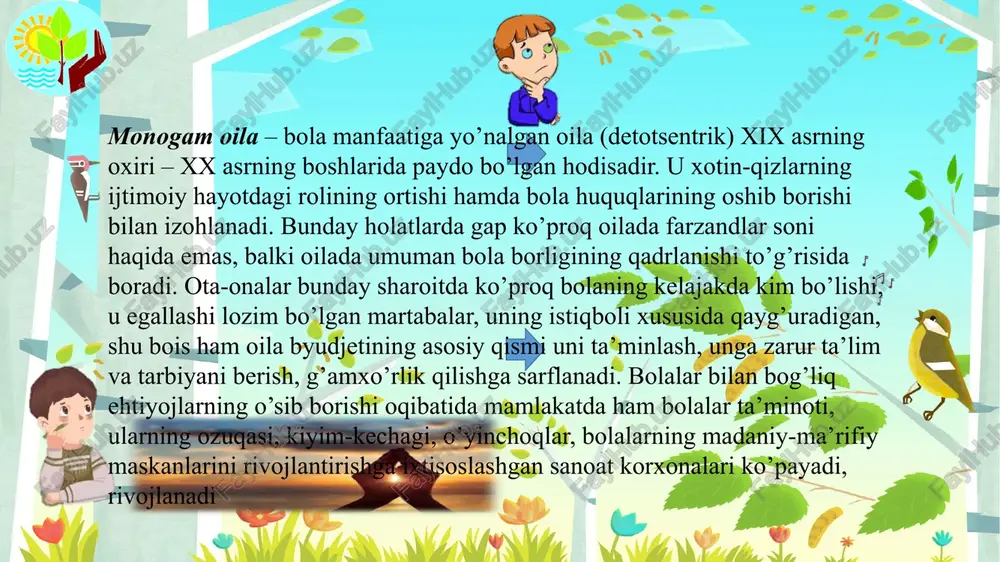 elayotgan yurtimizda bunday salbiy holatlarning bo’lmasligiga xizmat qiladi. alternativ nikohning yana bir ko’rinishi qayta nikohlardir. odatda bunday nikoh turi beva yoki tul qolgan shaxslarda uchraydi. aslida ham birinchi qayta nikohlar xvi asrda angliyada qayd etila boshlagan. hozirda esa bunday nikohlar odatda beva qolganlar yoki ajrashib ketganlar o’rtasida qayd etilishi mumkin. bunday oila turi ham ajrimlar ko’payishiga mos tarzda ortib bormoqda. aralash oilalar yoki begona ota-onalar bilan yashaydiganlar oilasi. bu – yetimlarni boqib olish hisobiga paydo bo’ladigan, otalikka olish, o’gay ota yoki ona bilan yashaydiganlar oilasidir. ming afsuski, turli hayotiy vaziyatlar tufayli shunday oila ham bor, ular nisbatan ko’p bo’lmasa-da, o’zbekistonda ham mavjud. godvin – nikohlar, uning asoschisi bo’lgan ingliz sotsial-monarxi u.godvin (1756-1836) nomi bilan bog’liq. u bunday oilani ideal deb hisoblagan, chunki bunday oilalar, asosan, ota-onaning xohish-irodasiga ko’ra paydo bo’ladi, yoshlarning istaklari bunda inobatga olinmaydi. bunday nikohlarda jinsiy yaqinlik ko’zda tutilmaganligi sababli, o’zaro hurmat va bir tom ostida alohida yashashga …