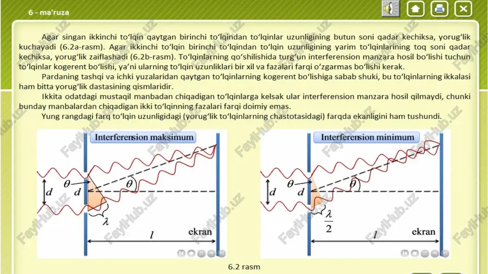 lqin uzunlikdan 1650763,73 tasi joylashar ekan. interferensiyaning texnikada qo‘llanishi interferensiyaning texnikada qo‘llanishi nazorat uchun savollar ponasimon parda burchagi nima uchun kichik bo‘lishi talab qilinadi? ponasimon pardada kogerent nurlar qanday hosil bo‘ladi? qaytgan nur uchun nyuton halqalari radiusini aniqlovchi formulani keltirib chiqaring. nyuton halqalariga yorug‘lik biror burchak ostida tushsa, manzara qanday o‘zgaradi? havo qatlami suyuqlik bilan to‘ldirilsa-chi? nyuton halqalarini nima uchun markazdan uzoqlashgan sari ajratish qiyinlashadi? qaytgan yorug‘likda markazda qanday dog‘ hosil bo‘ladi? interferensiya hodisasidan texnikada qo‘llanishga misollar keltiring va tushuntiring. image1.png image2.png image3.png image4.png image5.png image6.png image7.png image8.png image9.png image10.png image11.png image12.png image13.png image14.png image15.png image16.png image17.png image18.png image19.jpeg image20.png image24.png image25.png image21.png image22.png image23.png image26.png image27.png image28.png image29.png image30.png image31.png image32.png image33.png image34.png image35.png image39.png image36.png image37.png image38.png image40.png image41.png image42.jpg /docprops/thumbnail.jpeg