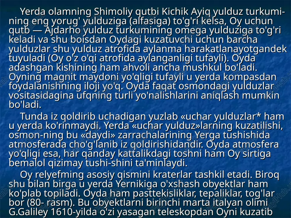 lar okeanidan olingan namuna («apollon-12») esa biroz boshqacha bo'lib, unda titan 2—3 marta kam, magniy, kobalt, vanadiy va skandiy esa aksincha ko'p bo'lib chiqdi. agar yer va oy jinslarining kimyoviy tarkibi to'g'risida gapirilsa, bu jinslardan anchagina farq topiladi. ayniqsa, oy changi deb nomlan-gan oy sirti qatlami tabiati jihatidan diqqatga sazovordir. uning tarkibi kristall siniqlaridan, temir-nikel aralashmali donachalardan, bir jinsli tiniq shisha parchalarini eslatuvchi jinslardan tashkil topgan bo'lib, yuqori vakuum sharoitida joylashganidan juda yopishqoq-ligi bilan ajralib turadi. oyni o'rganishning qanday foydasi bor, degan savol tug'iladi. oyni o'rganishning tabiiyot fanlari uchun muhimligi — oyning atmosferadan xoliligidadir. oyga o'rnatilgan kichik teleskop yerdan katta teleskoplar yordamida olingan osmon jismlarining rasmlaridan bir necha marta sifatli fotomateriallarni olishga imkon beradi. oyda qurilgan o'rtacha kattalikdagi observatoriya esa yerdagi o'nlab observatoriyalar xizmatini a'lo darajada o'tay olishi mumkin. shu-ningdek, yer atmosferasi elektromagnit nurlarning juda kam qismi-nigina o'tkazib, qolgan katta qismi uchun tiniq emas. oyda esa barcha to'lqin uzunliklarida koinotni …