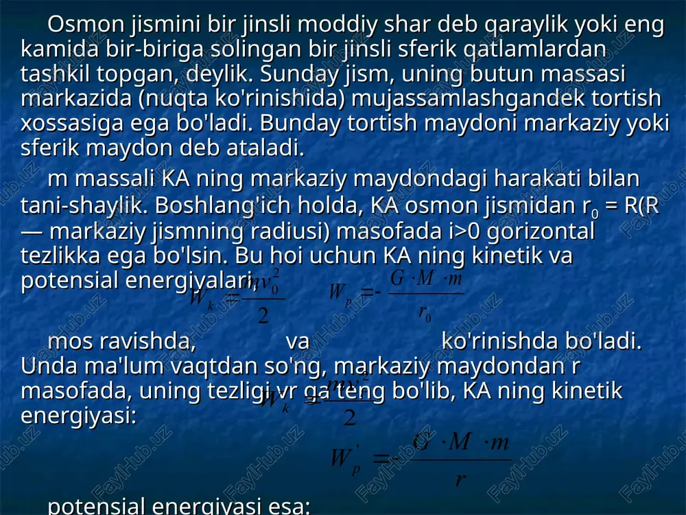 ra — perigey va apogey nuqtalarining yer markazidan uzoqliklari. agar markaziy jism (misol uchun yer) sirtidan ma'lum h ba-landlikda a nuqtadan (39- rasmga qarang) boshlang'ich gorizontal tezlik bilan kosmik apparat uchirilsa, a nuqta, boshlang'ich tezlikning kattaligiga bog'liq ravishda, perigey yoki apogeyga (rasmdagi 1- va 2- orbita) aylanadi. tezlikning ma'lum qiymatlarida u aylana bo'ylab harakatlanib (rasmda 3- orbita), aylanma orbita radiusi r, katta yarim o'q a ga teng bo'ladi, u holda yoki bo'ladi, bu yerda — yerning gravitatsion parametri ekanligini bilgan holda, undan ixtiyoriy r masofadagi aylanma orbitasiga mos tezligini oson topish mumkin. bunda r= + h bo'lib, — yerning radiusini, h esa ka ning yer sirtidagi balandligini ifodalaydi. agar h nolga teng bo'lsa, ushbu ifoda yer uchun: birinchi kosmik tezlikni ifodalaydi, uning qiymati 7,91 km/s ga teng. 3. parabolik trayektoriya bo'ylab harakat. apogeyi cheksiz-likda «yotgan» elliptik orbita, shubhasiz ellips bo'la olmaydi (39- rasmda, 4- orbita). bunda apparat tortish markazidan cheksiz …