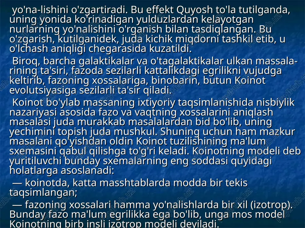 fodalashini (agar qadimda kengayish tezligi o'zgarmagan deb qaralsa) tushunish qiyin emas. biroq, shuni ta'kidlash joizki, koinotning kengayish tezligining, uzoq o'tmishda va hozirda o'zgarmasligi olimlar tomonidan yaxshi o'rganilmagan. koinot haqiqatan ham bir vaqtlar alohida bir holatda (zichligi, bosimi va temperaturasi kabi fizik parametrlariga ko'ra) bo'lganligi, 1965- yilda relikt (qoldiq) nurlanish deb ataluvchi kosmik radio-nurlanishning ochilishi bilan tasdiqlandi. uning spektri issiqlik nurlanishi spektriga mos kelib, plank egriligini beradi. bu egrilik asosida aniqlangan uning temperaturasi esa 3 k ga mos keladi (bu nurlanishning maksimumi taxminan 1 mm li to'lqin uzunligiga to'g'ri keladi). relikt nurlarning xarakterli xususiyati shundaki, u barcha yo'nalishlar bo'yicha bir xil intensivlikka, ya'ni izotrop xossaga ega. shu tufayli bu nurlanishni alohida bir obyekt yoki sohaning nurlanishi deb qarab bo'lmaydi. bunday radionurlanishni «qoldiq nurlanish» deb atalishining boisi, u koinotning katta zichlikka ega bo'lgan (boshqacha aytganda hali o'z nurlanishlari uchun ham tiniqmas) davriga tegishli nurlanishining qoldig'i deb taxmin qilinishidadir. hisob-kitoblar u davrda koinotning …