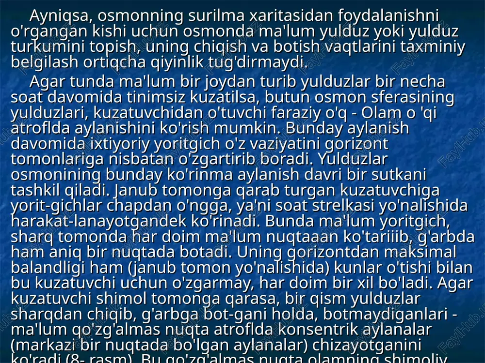 ishi qu-yidagi tajribalarda tasdiqlangan. 1. yer qutblaridan birining tepasiga matematik mayatnik osilib (bunda mayatnik sharchasi o'rniga tubida kichik teshigi bor chelak-cha olinib, u qumga to'ldirilgan bo'lsin), u tebrantirib yuborilsa, chelakdan to'kilgan qum uning ostida tebranish tekisligi bo'ylab, bir to'g'ri chiziq yo'nalishida (tebra-nish tekisligida yotuvchi) sepilmay, balki qum sepiladigan chiziq (ya'ni tebranish tekisligi), vaqt o'tishi bilan, mayatnik tinch turganda yo'nalgan yerdagi nuqta atrofida soat strelkasi harakati yo'nalishida burilib bori-shini ko'ramiz. bu yerning o'z o'qi atrofida aylanishidan darak beradi. chunki mayatnik, osilgan nuqta har qancha burilganda ham, o'z tebra­nish tekisligini o'zgartirmasligi aniq. binobarin, uning ostida sepilgan qumning izi, vaqt o'tishi bilan vertikal burchaklar sektorlari yuzasini qoplab borishi, faqat yer aylanayotganidan darak beradi. sankt-peterburgdagi isaakiy soborida o'rnatilgan uzunligi 98 metrli fuko mayatnigi yordamida yerning o'z o'qi atrofida aylanishi aynan shu yo'l bilan namoyish qilinadi. 2. yer aylanishining boshqa bir isboti, uning sirtiga ma'lum balandlikdan tashlangan jismlarning sharqqa tomon siljib tushishidir. gap shundaki, yer …